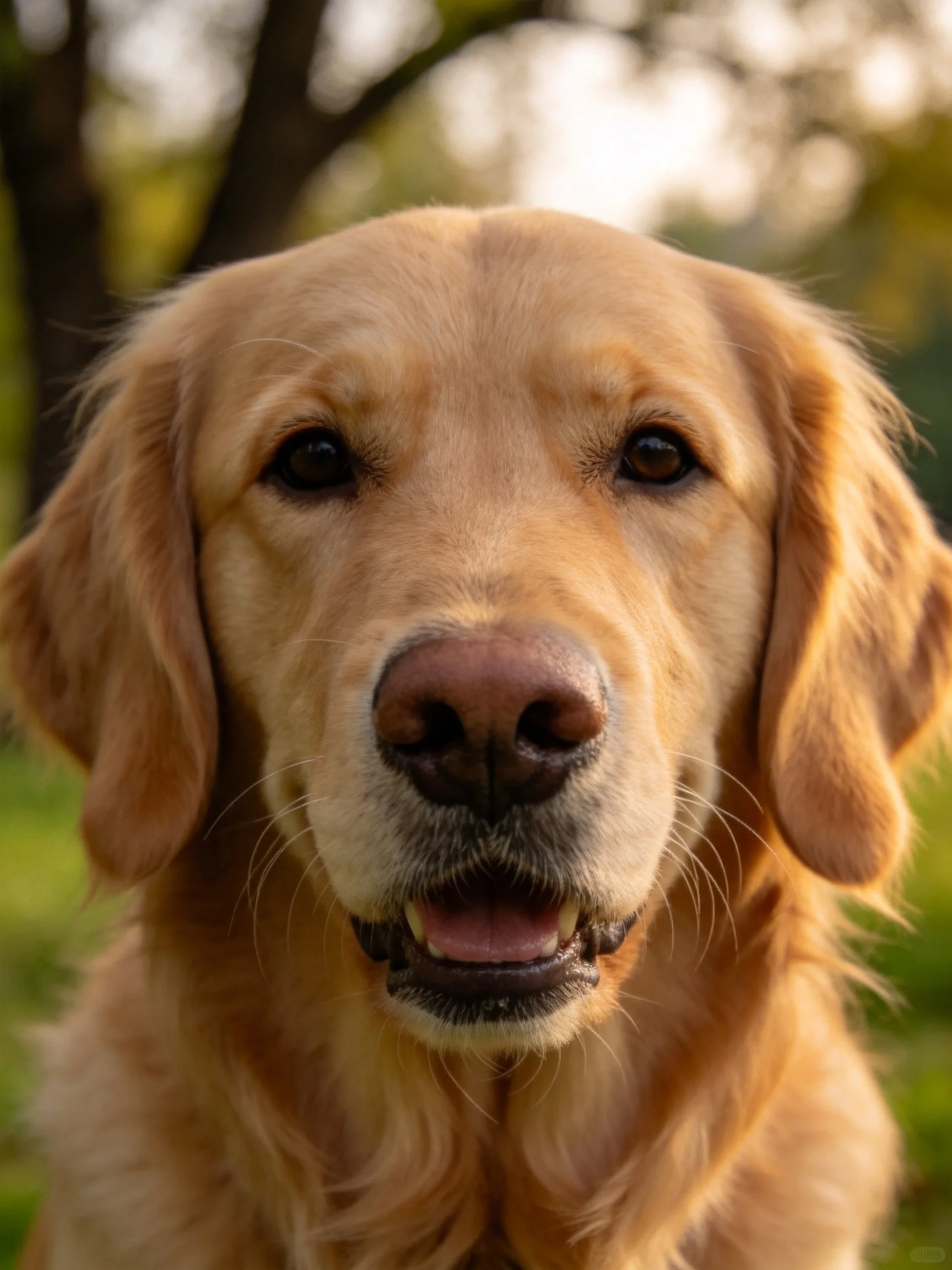 A golden retriever is photographed up close with warm lighting and soft focus.