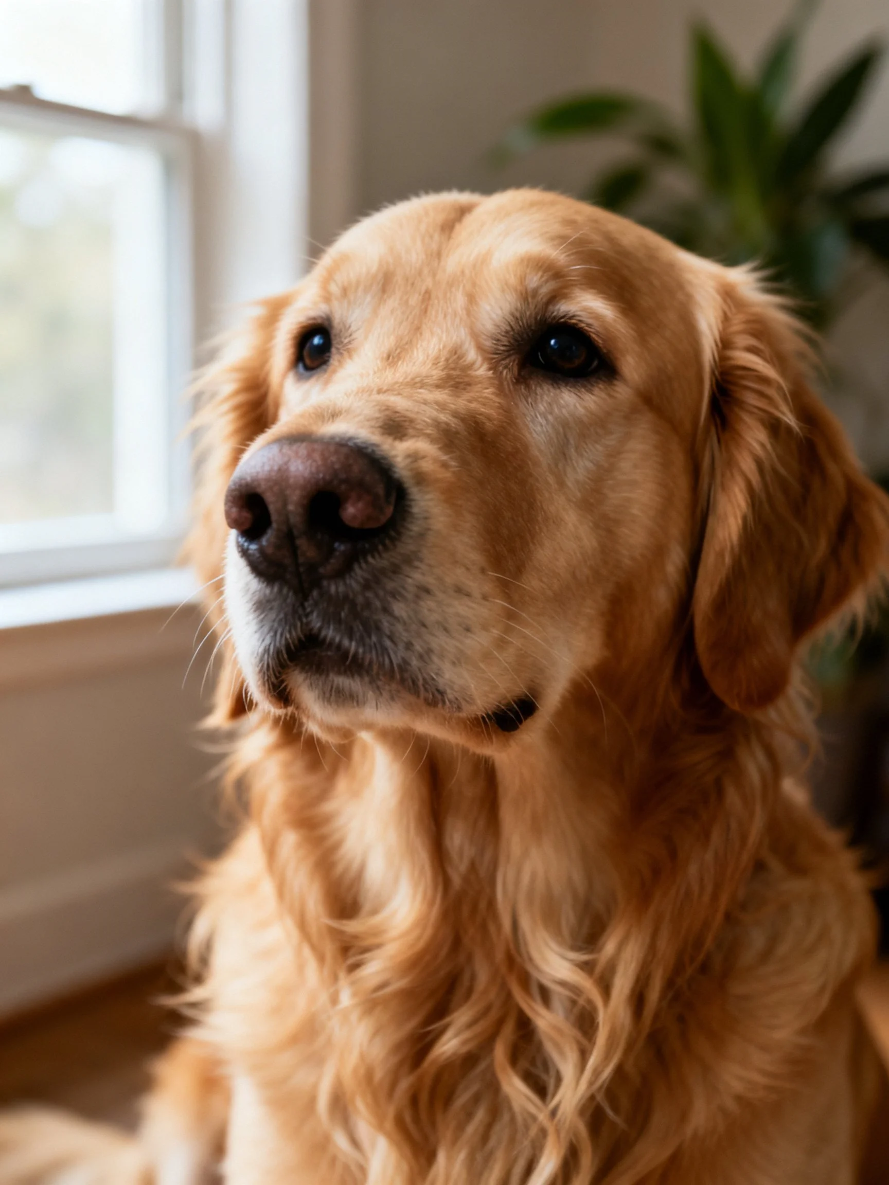 Golden retriever in a close - up near a bright window.