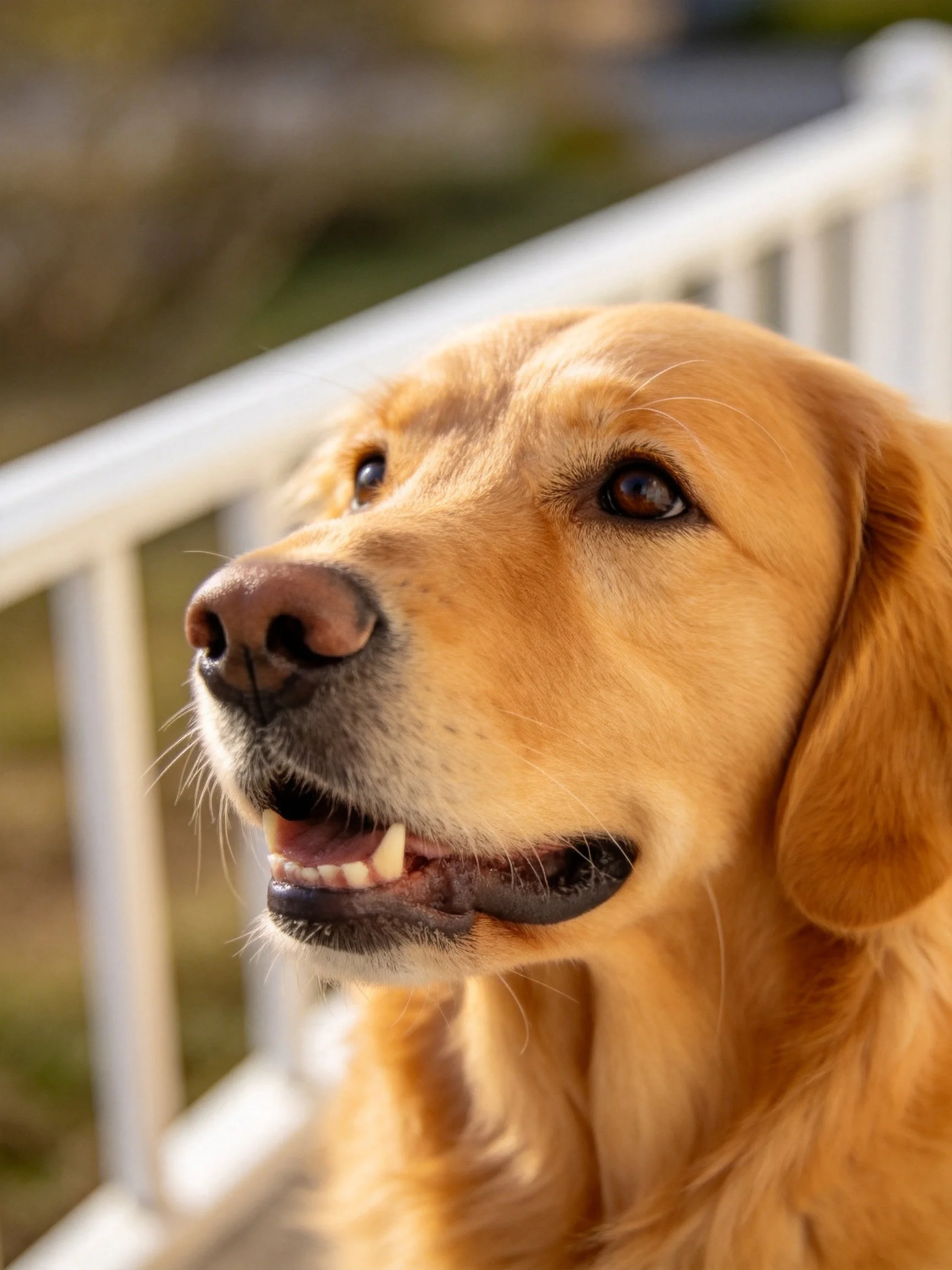 Golden retriever gazes attentively near a white railing.
