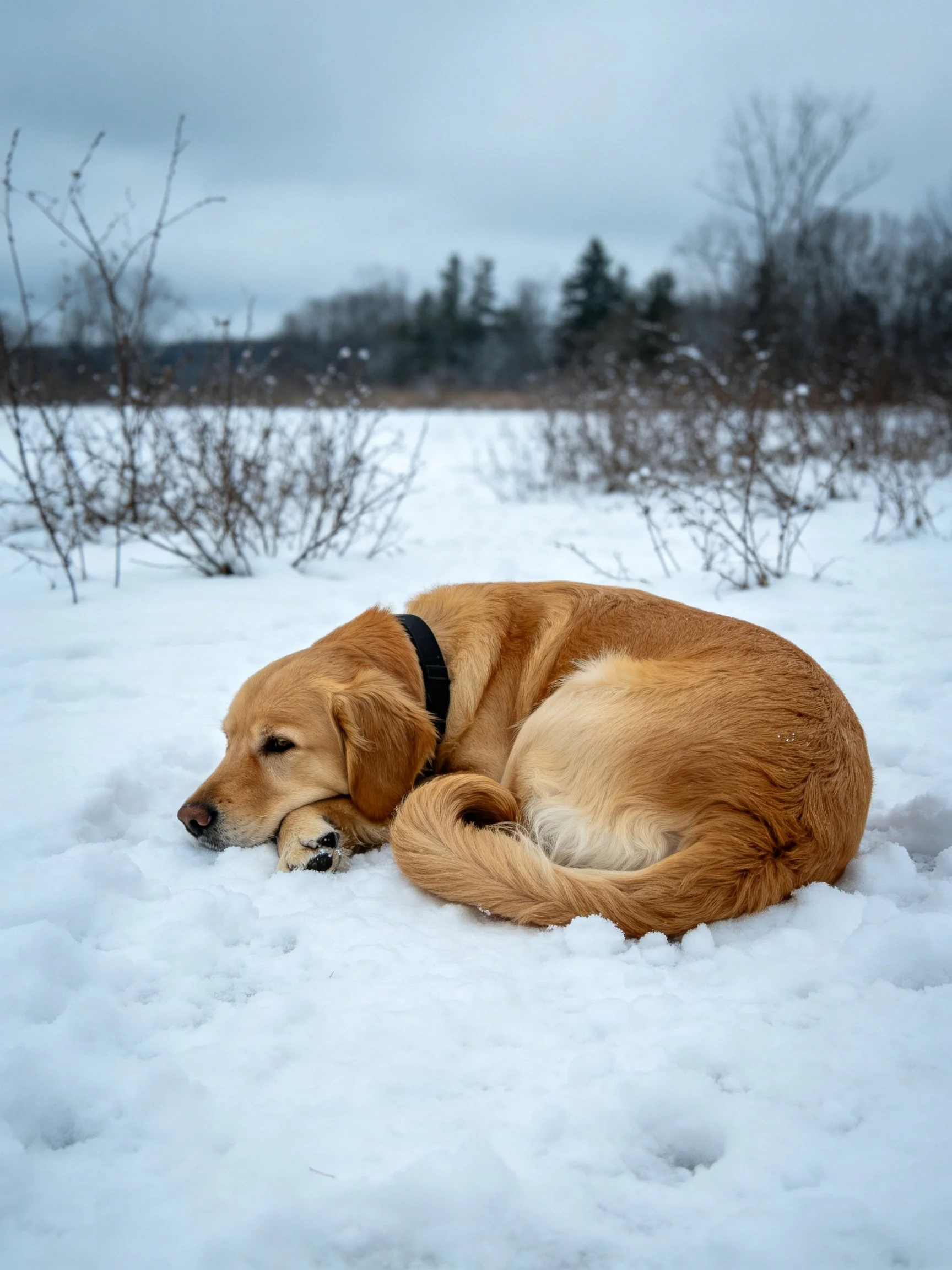 Golden retriever curled up resting in snowy field