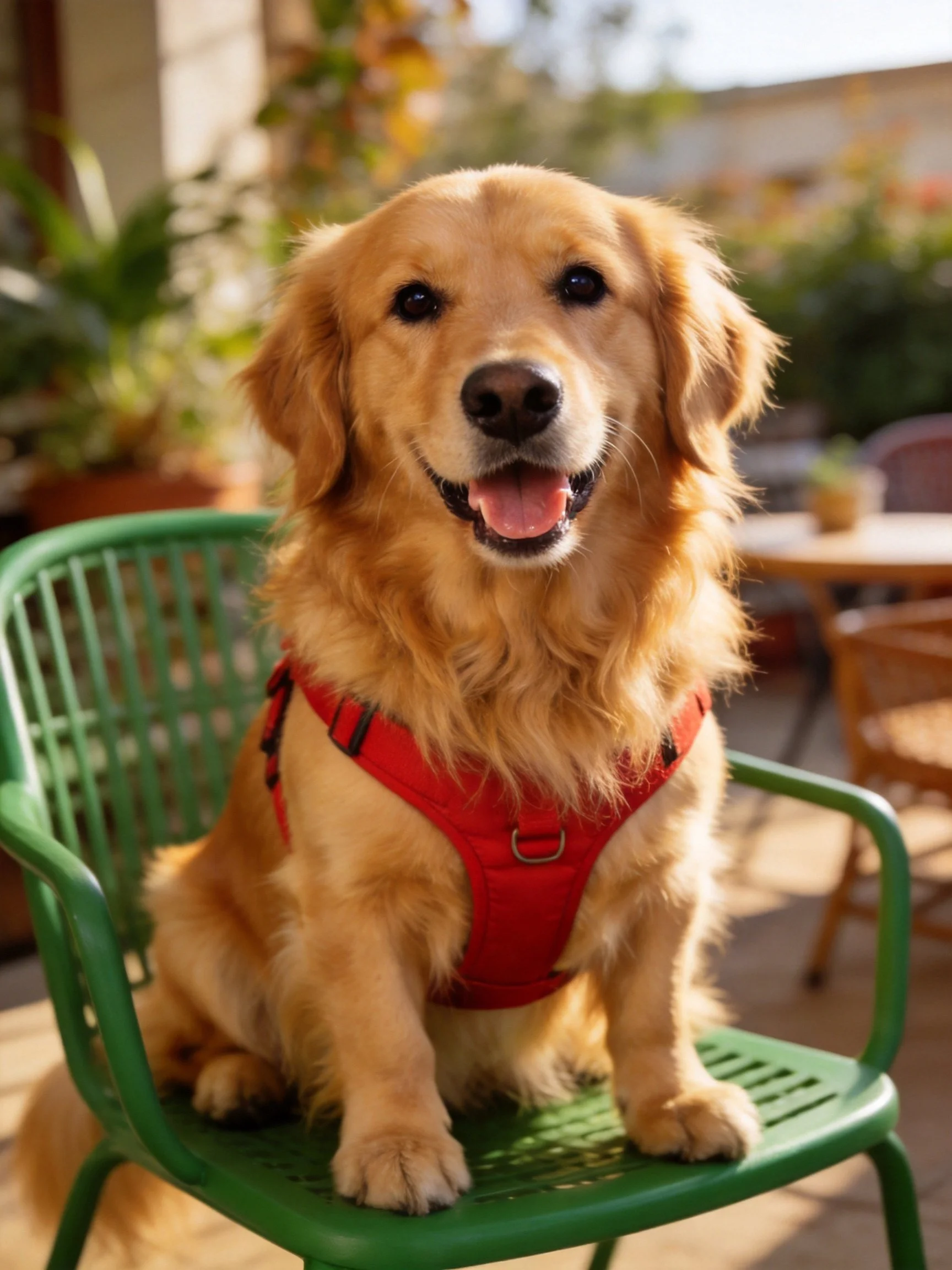 Golden retriever dog in red harness sits on green chair outdoors