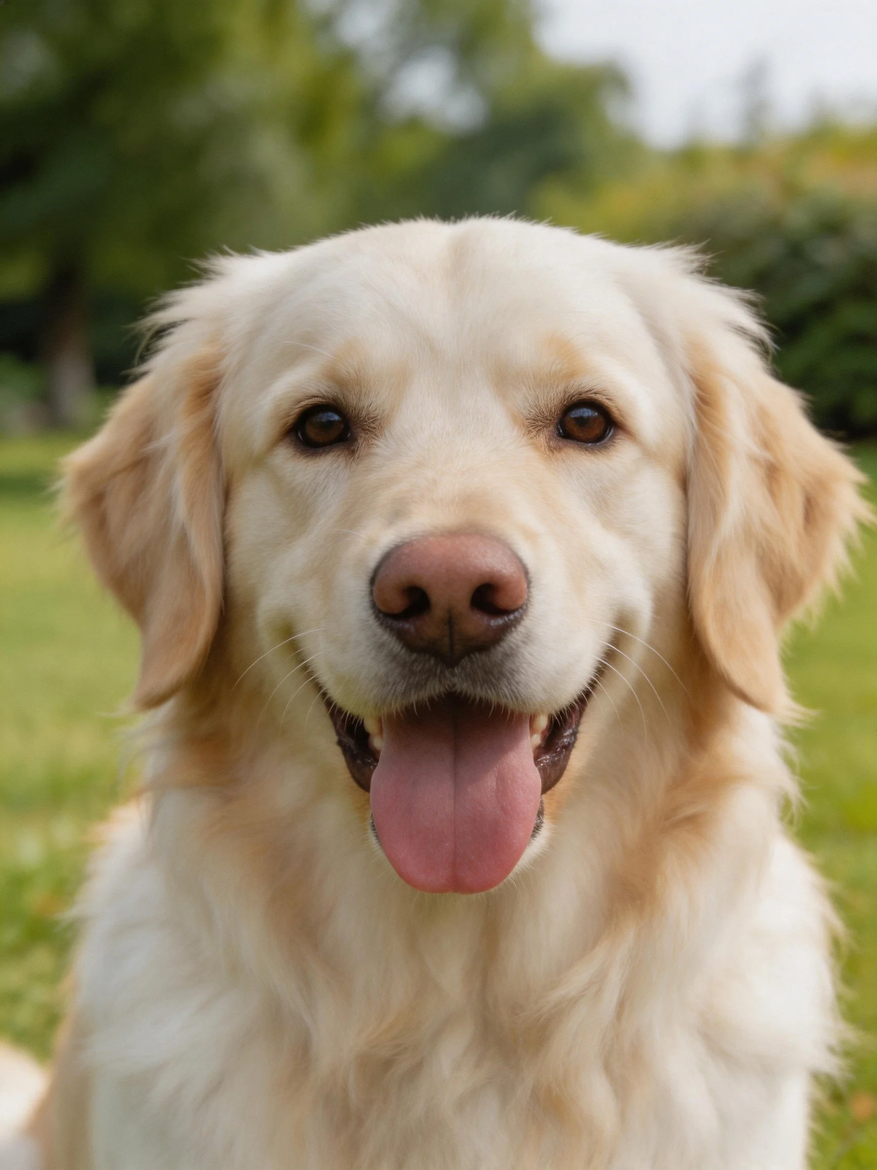Golden retriever dog smiling in lush green outdoor area