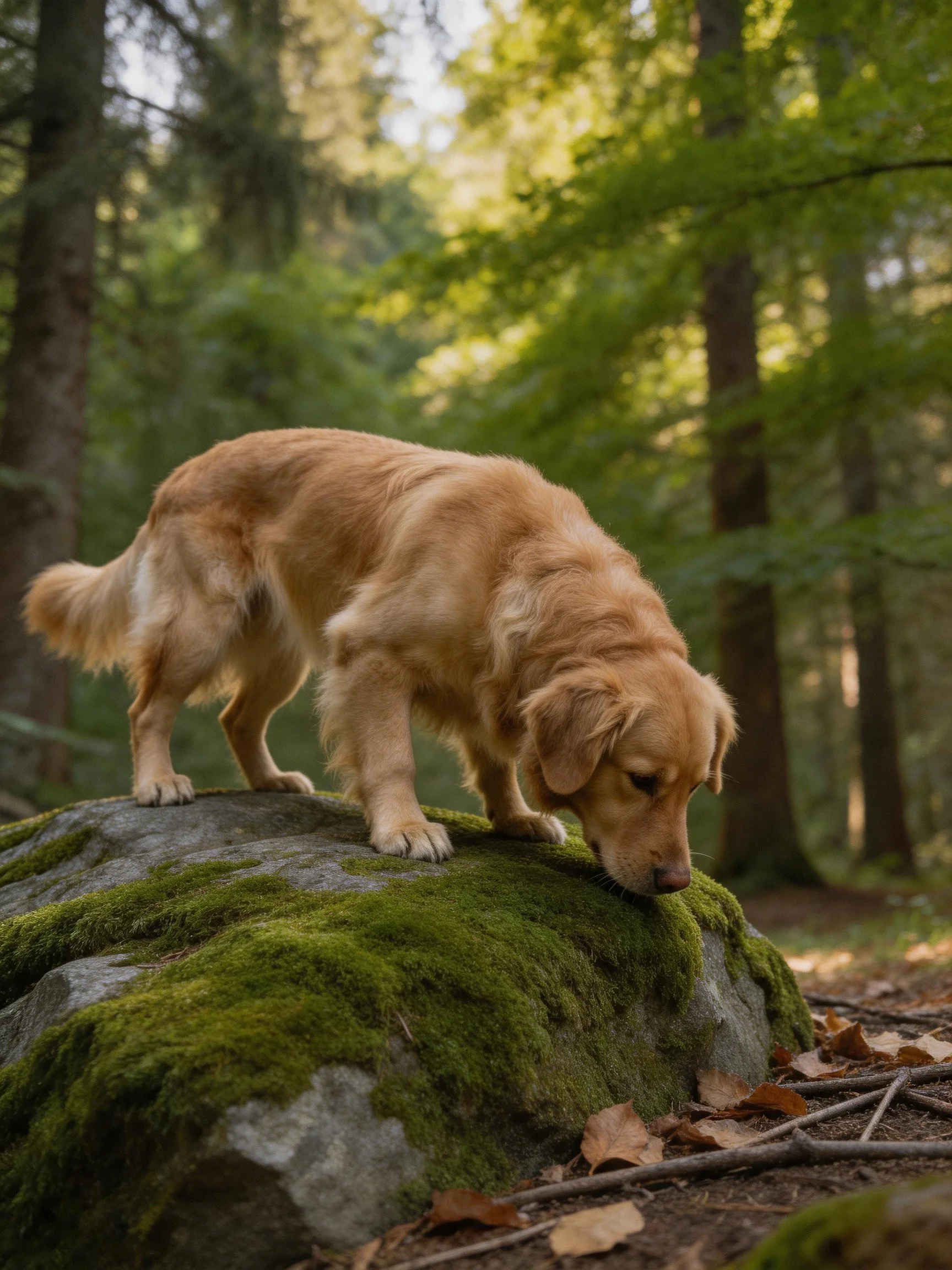 Golden retriever explores moss-covered rock in sunlit forest
