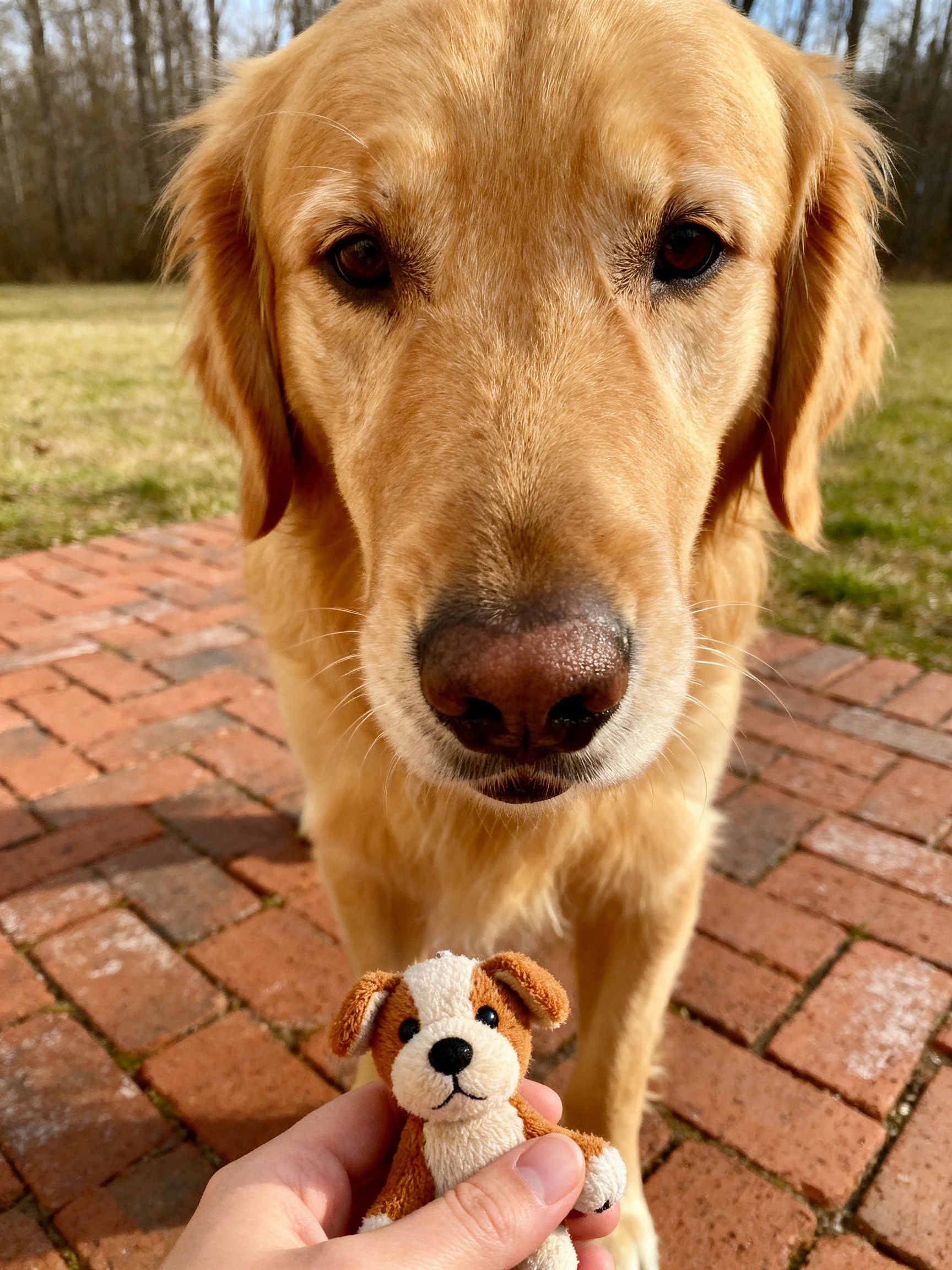 Golden retriever observes a small stuffed dog up close.