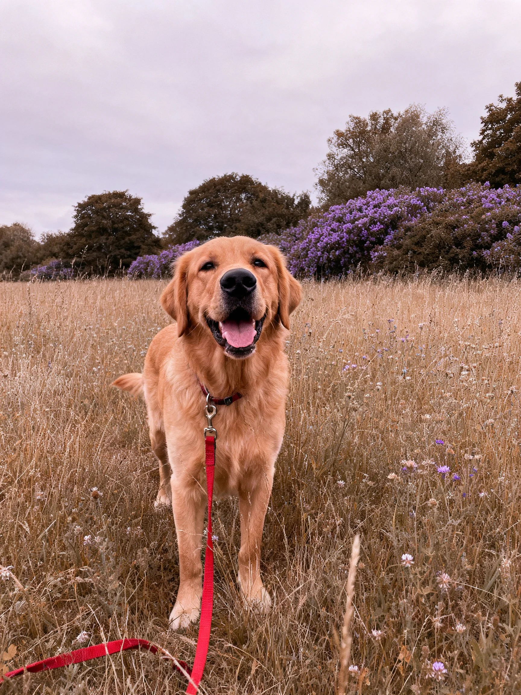 A golden retriever enjoys time in a field with tall grass and purple bushes.
