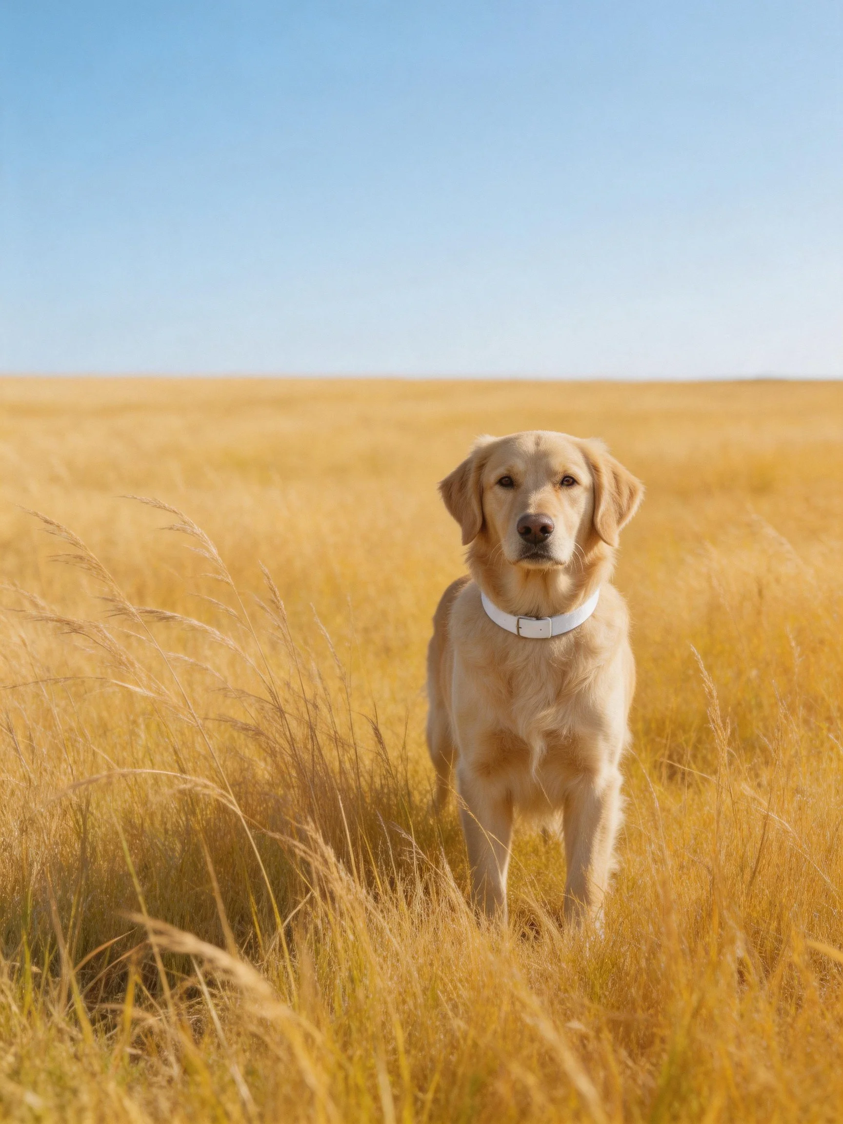 A golden retriever stands calmly in an expansive golden grass field beneath a clear blue sky.
