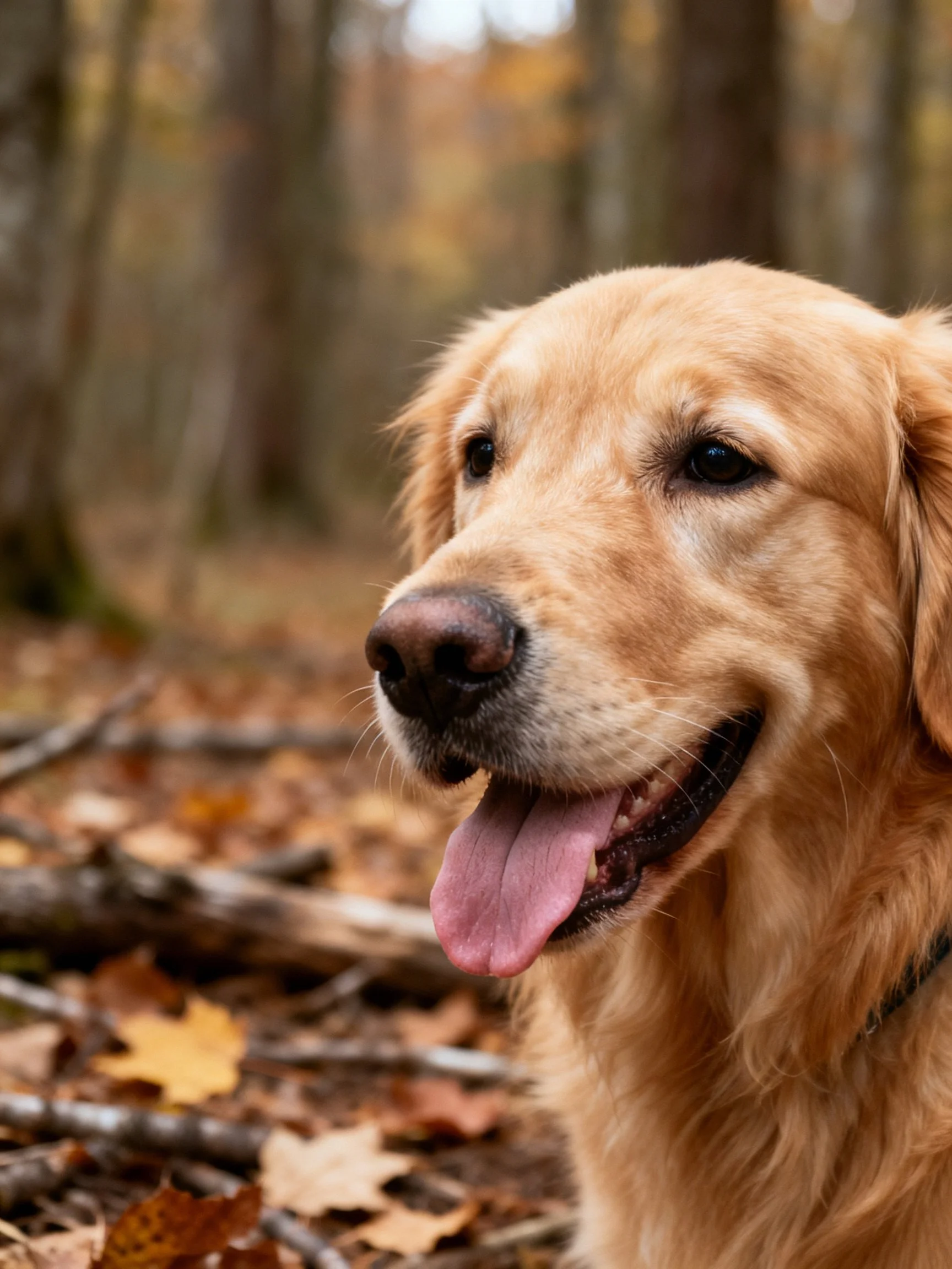 A golden retriever enjoys the autumn forest surrounded by fallen leaves.