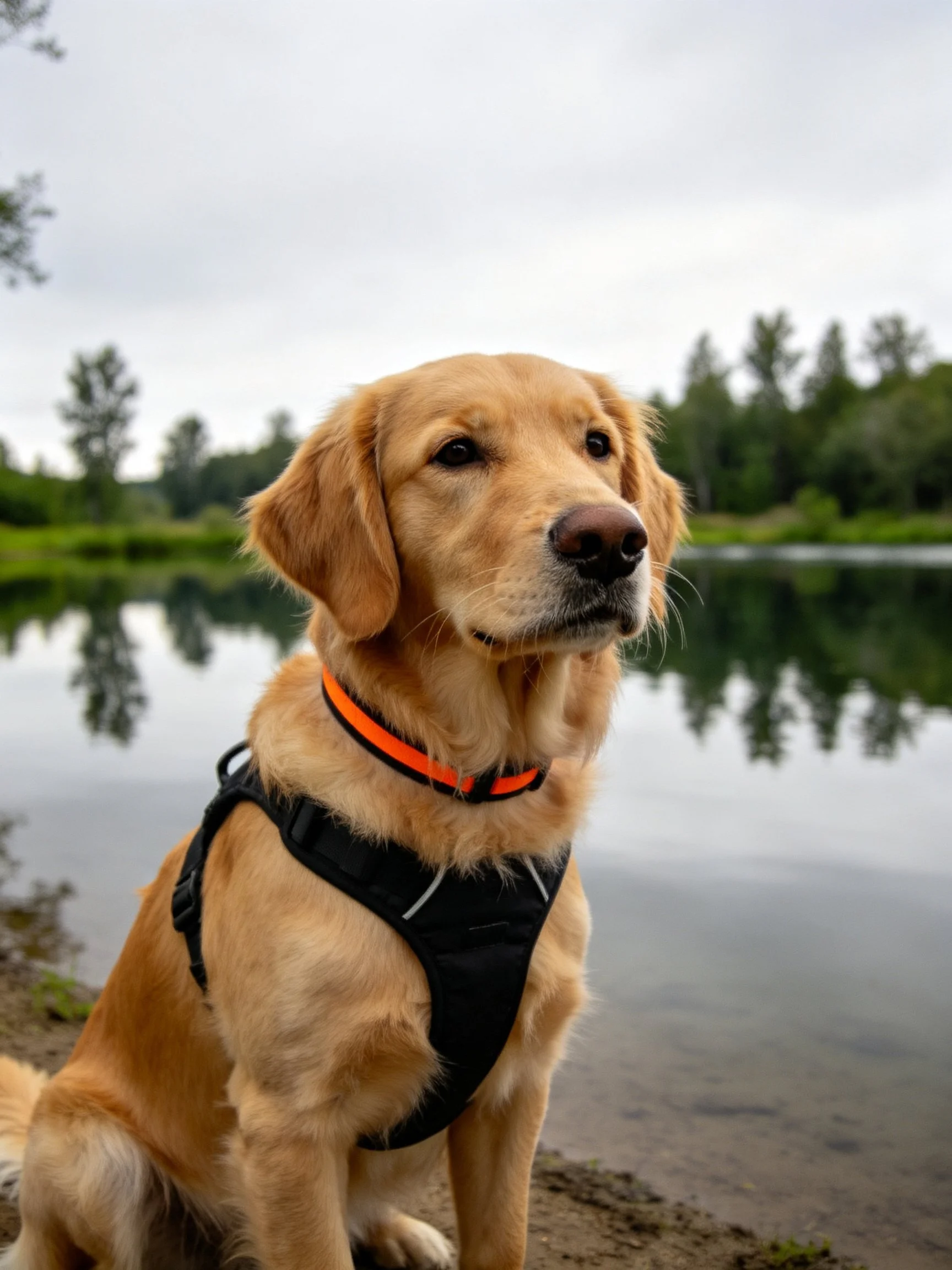 A golden retriever in a black harness sits by a calm lake with greenery.