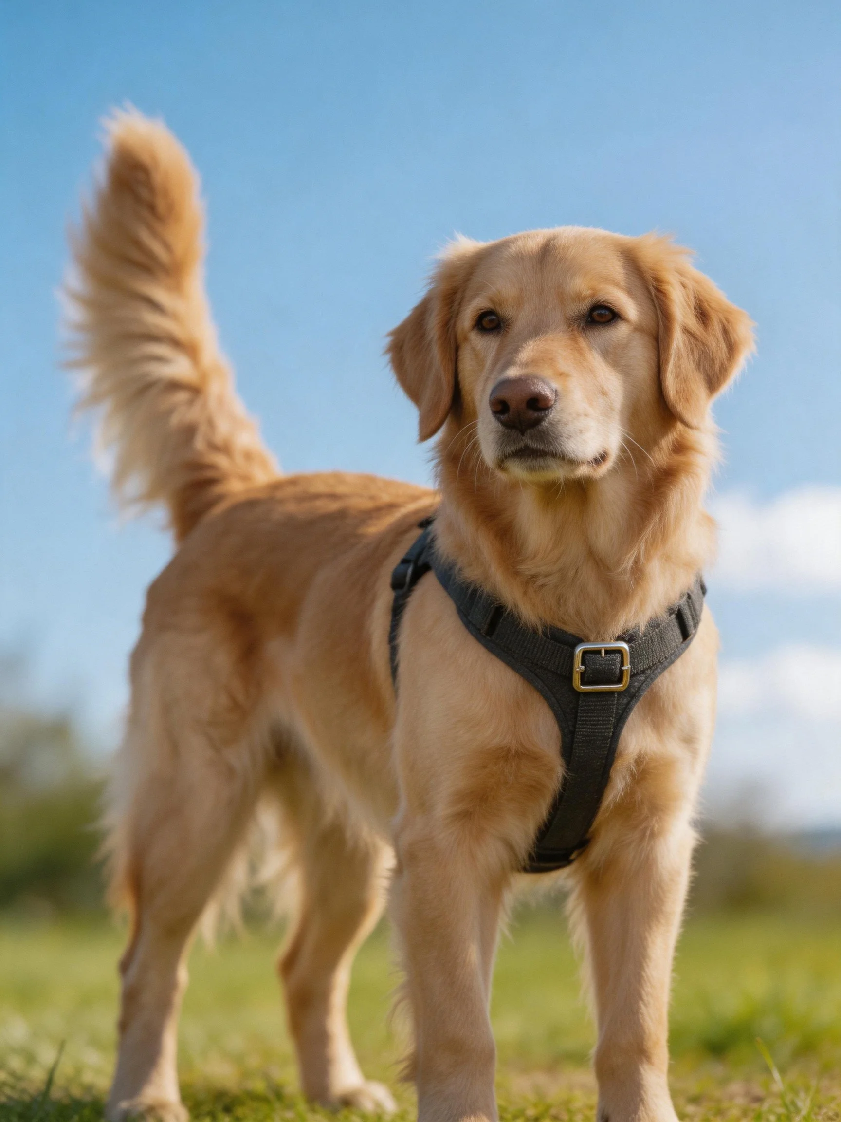 Golden retriever in black harness standing on grass under clear blue sky