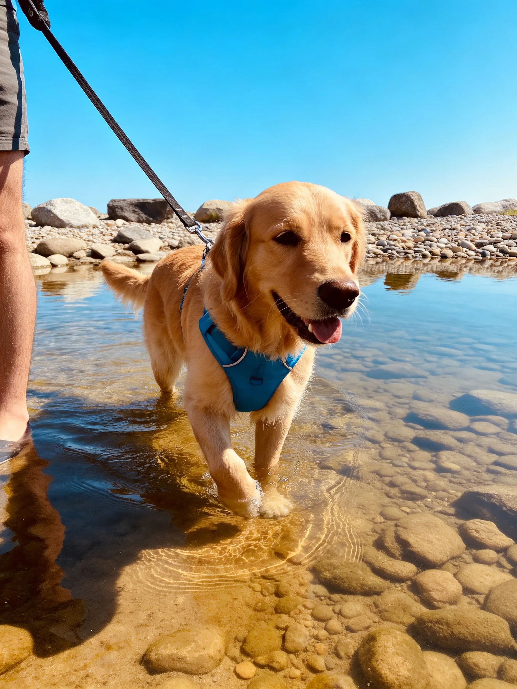 Golden retriever in blue harness walks through shallow water near rocks