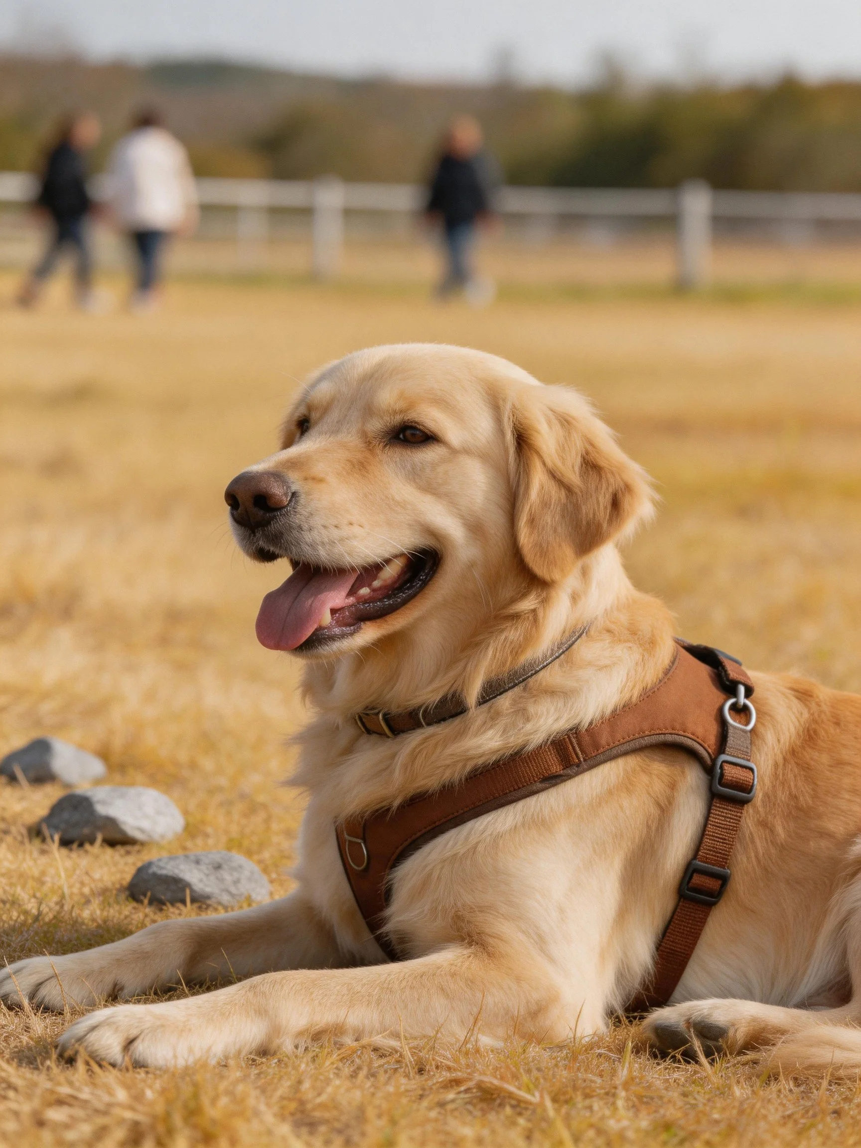 Golden retriever in brown harness resting on dry grass