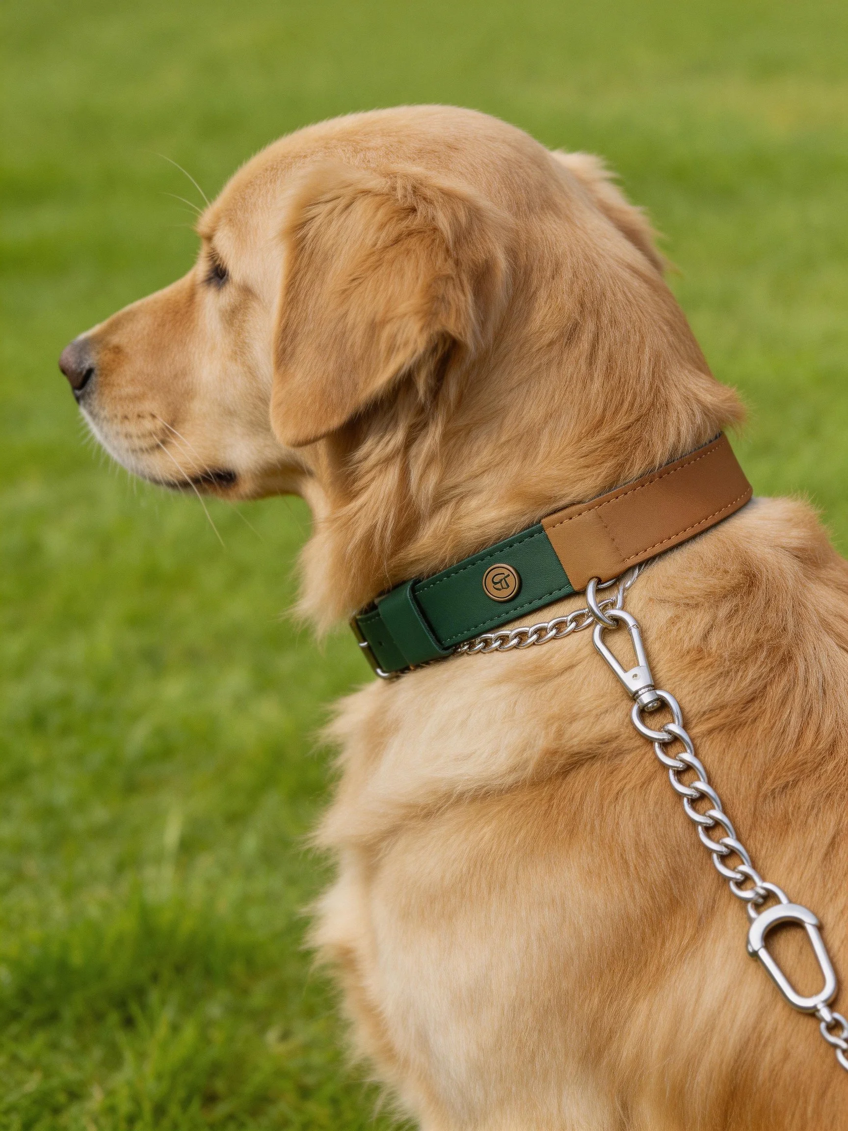 Golden retriever in green-tan collar with silver chain leash