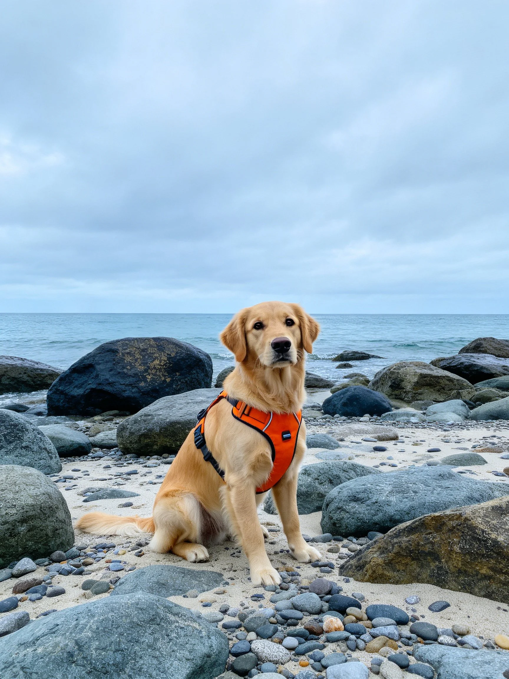 Golden retriever in orange harness sits on pebbly beach by rocky shore