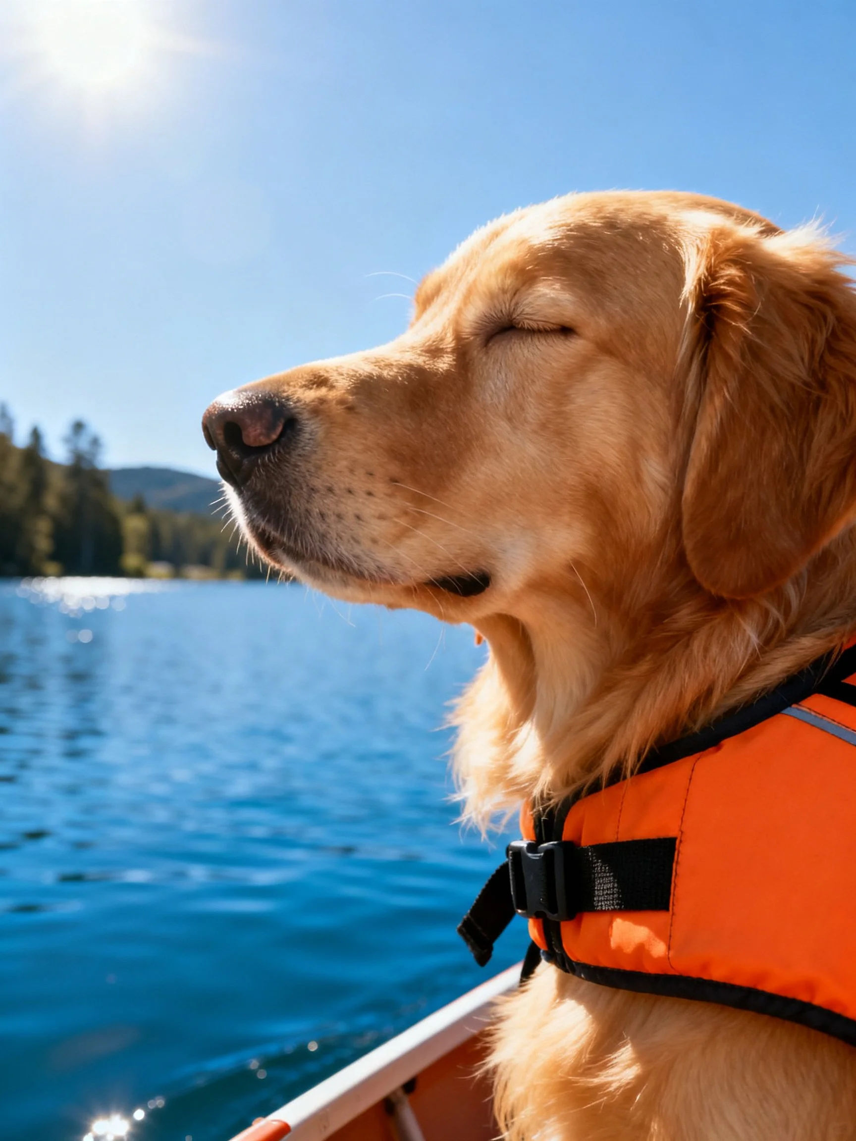 Golden retriever in orange life vest on calm blue lake