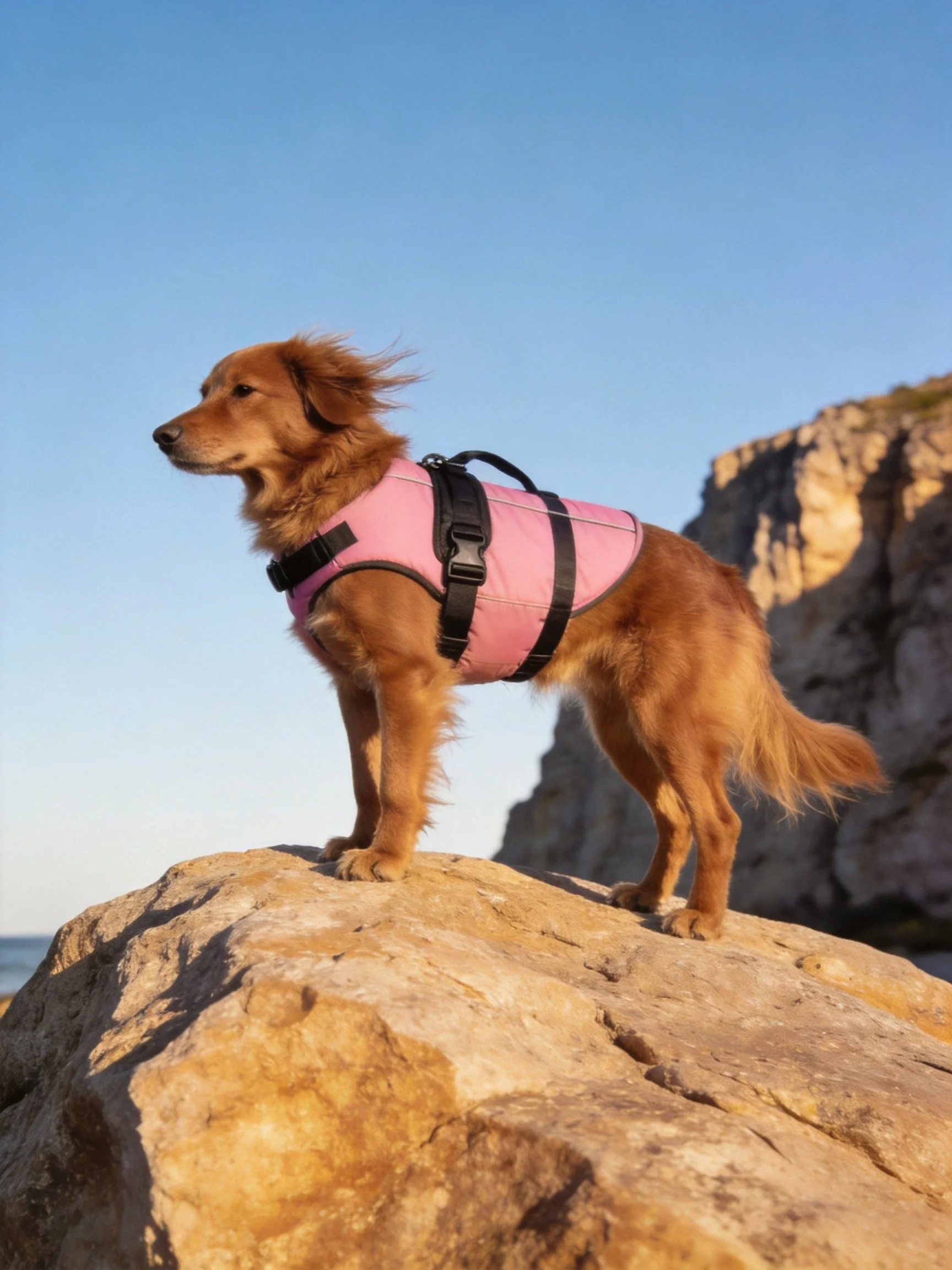 Golden retriever in pink harness on rocky cliffside