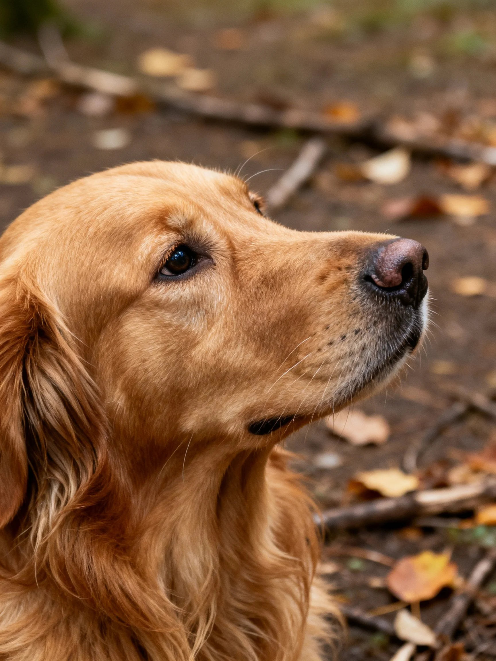 Golden retriever in profile with autumn leaves and earthy ground
