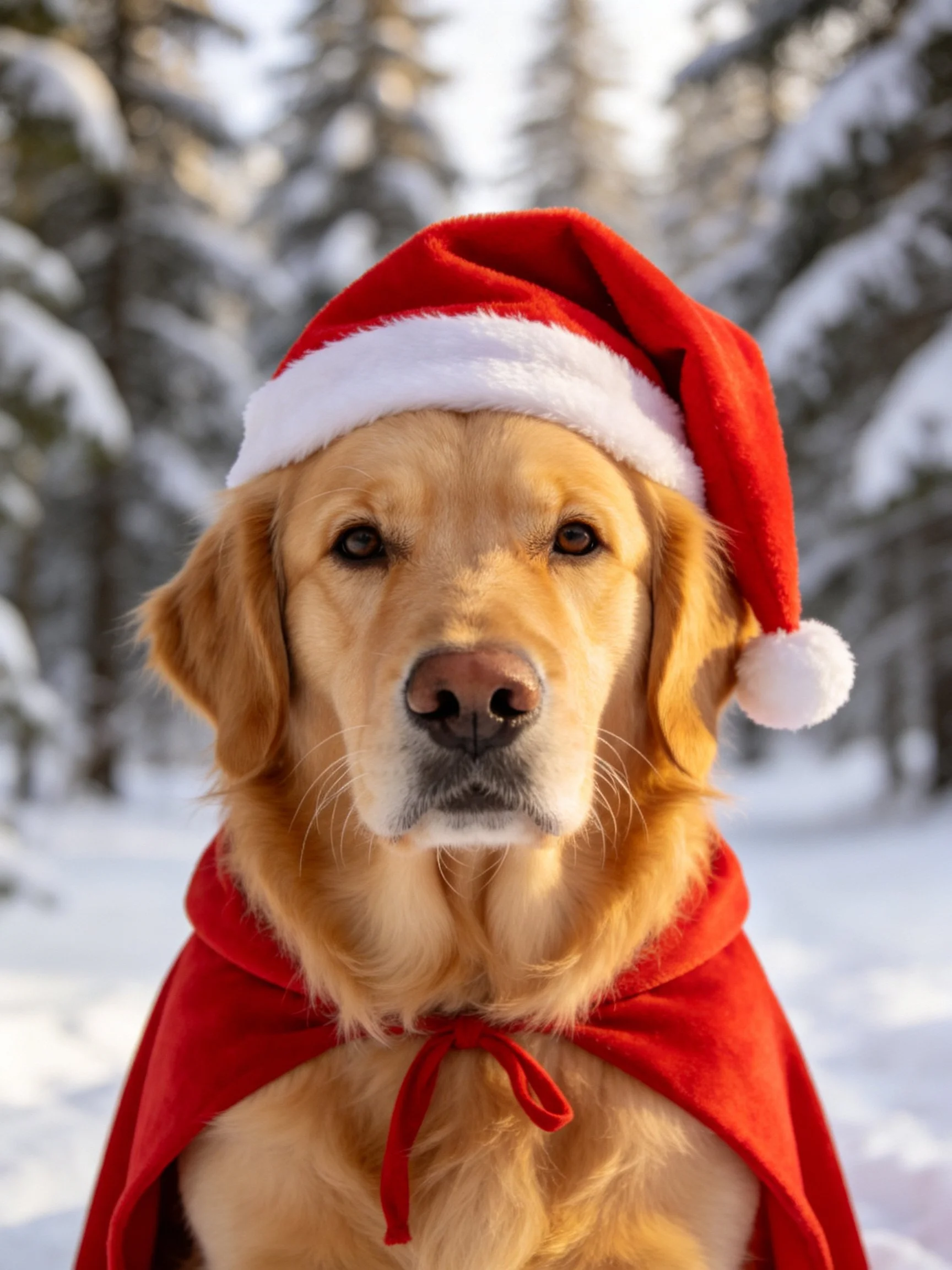 Golden retriever in red Santa hat and cape near snowy pines
