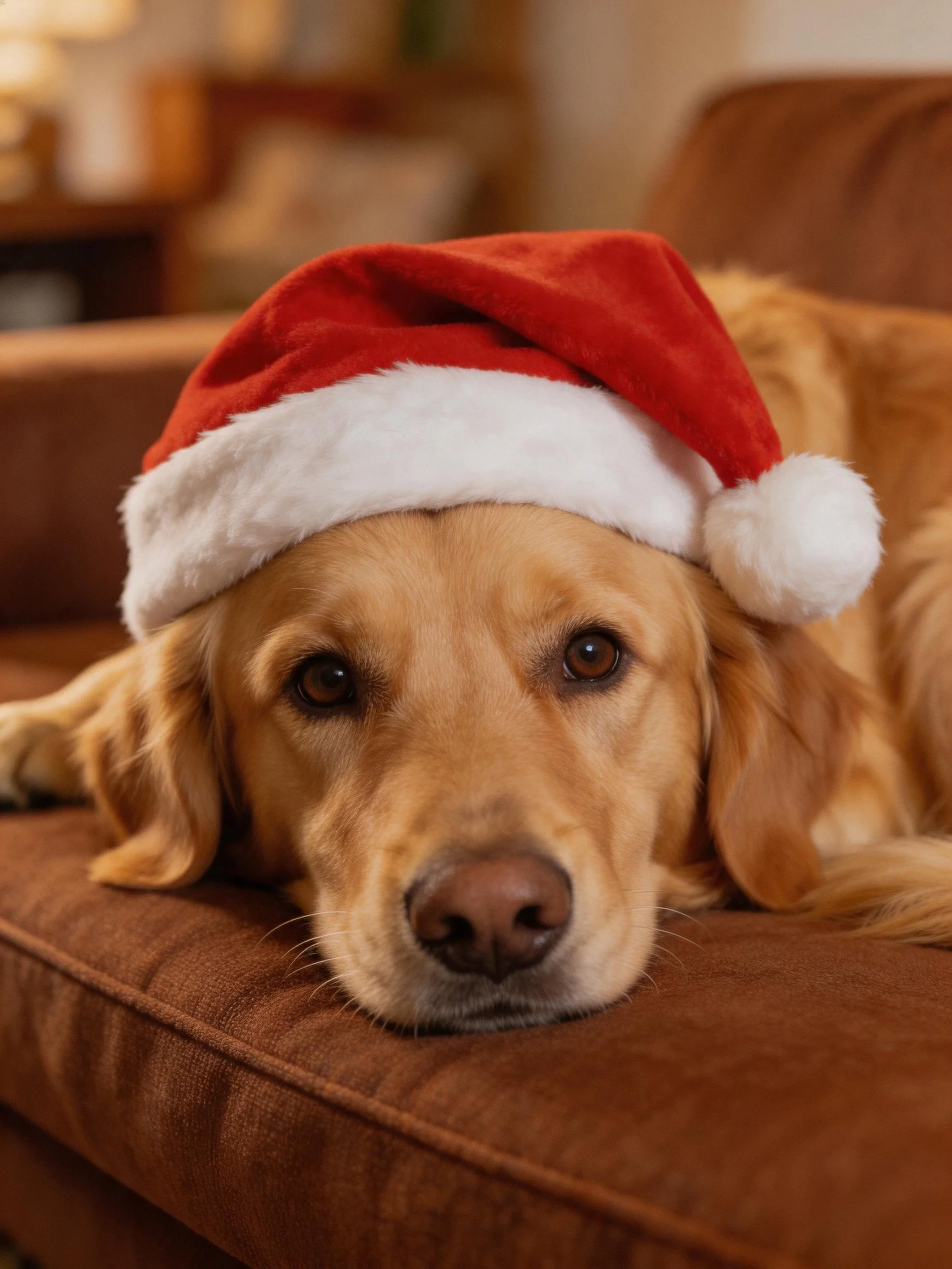 Golden retriever in red Santa hat rests on brown couch