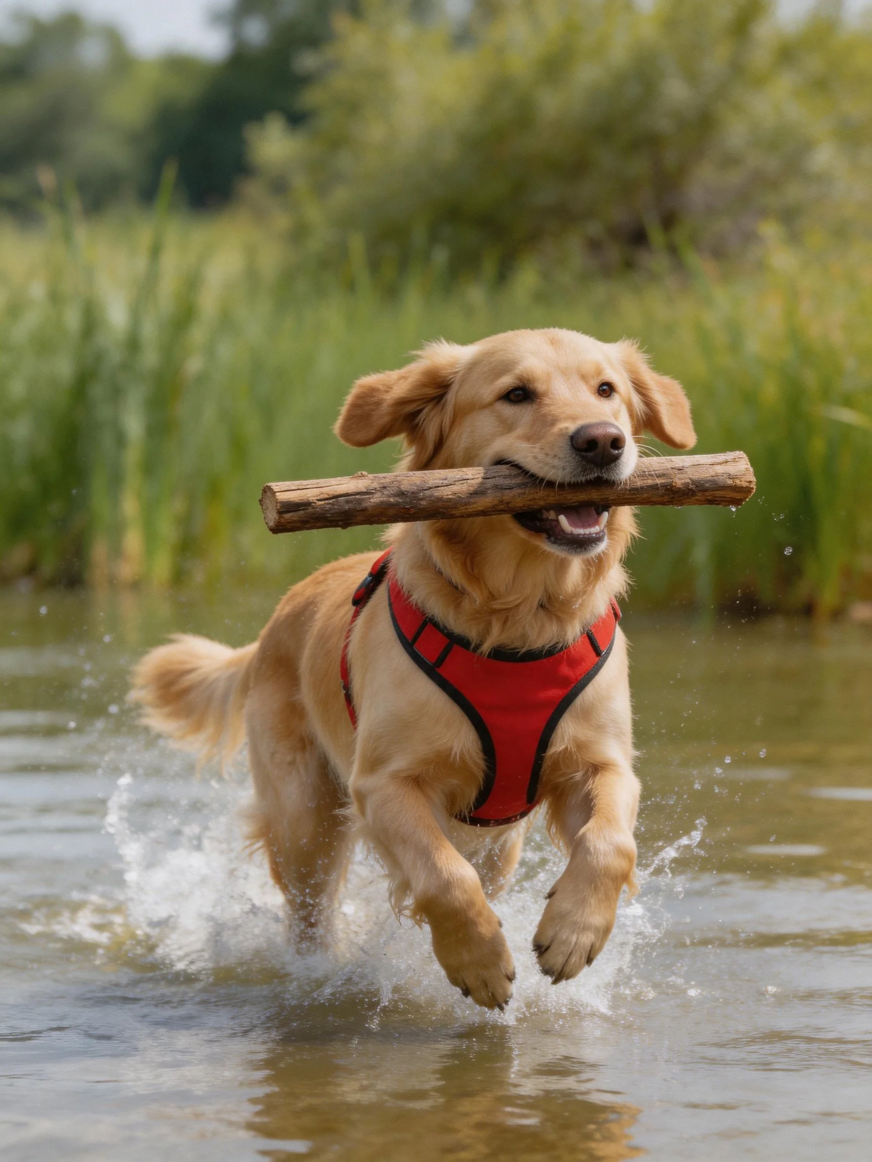 Golden retriever in red harness carries wooden stick through shallow water