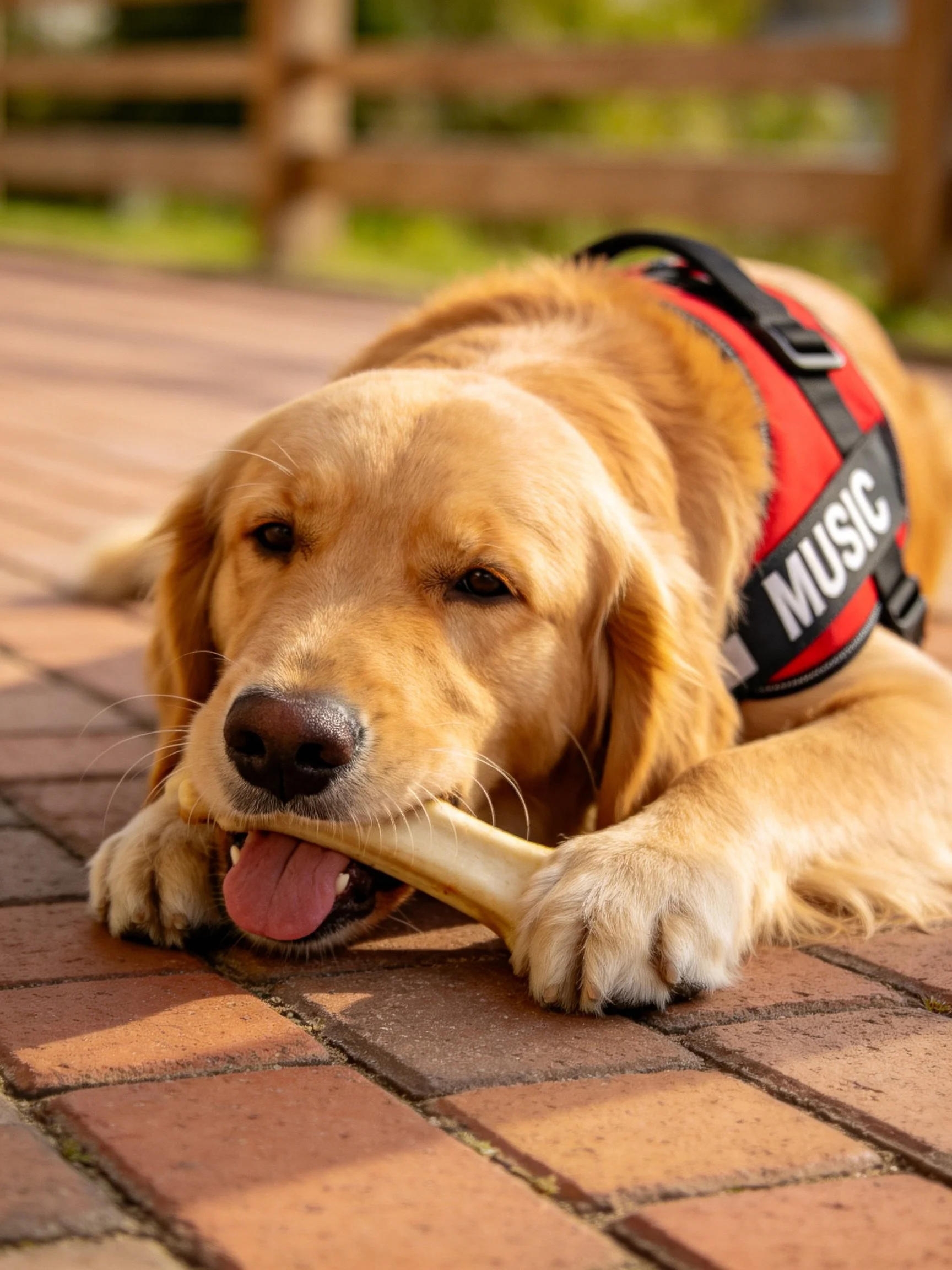 Golden retriever in red harness chews bone on brick pavement