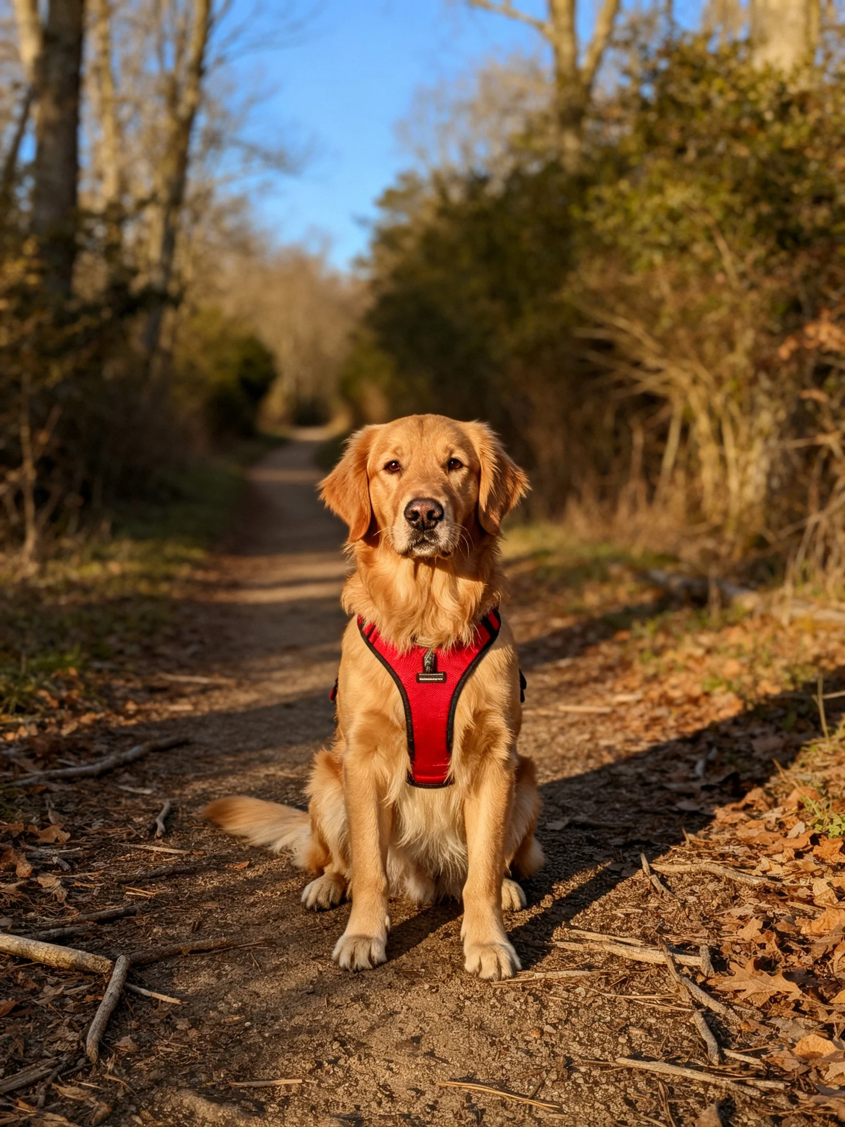 Golden retriever in red harness sits on sunlit forest path