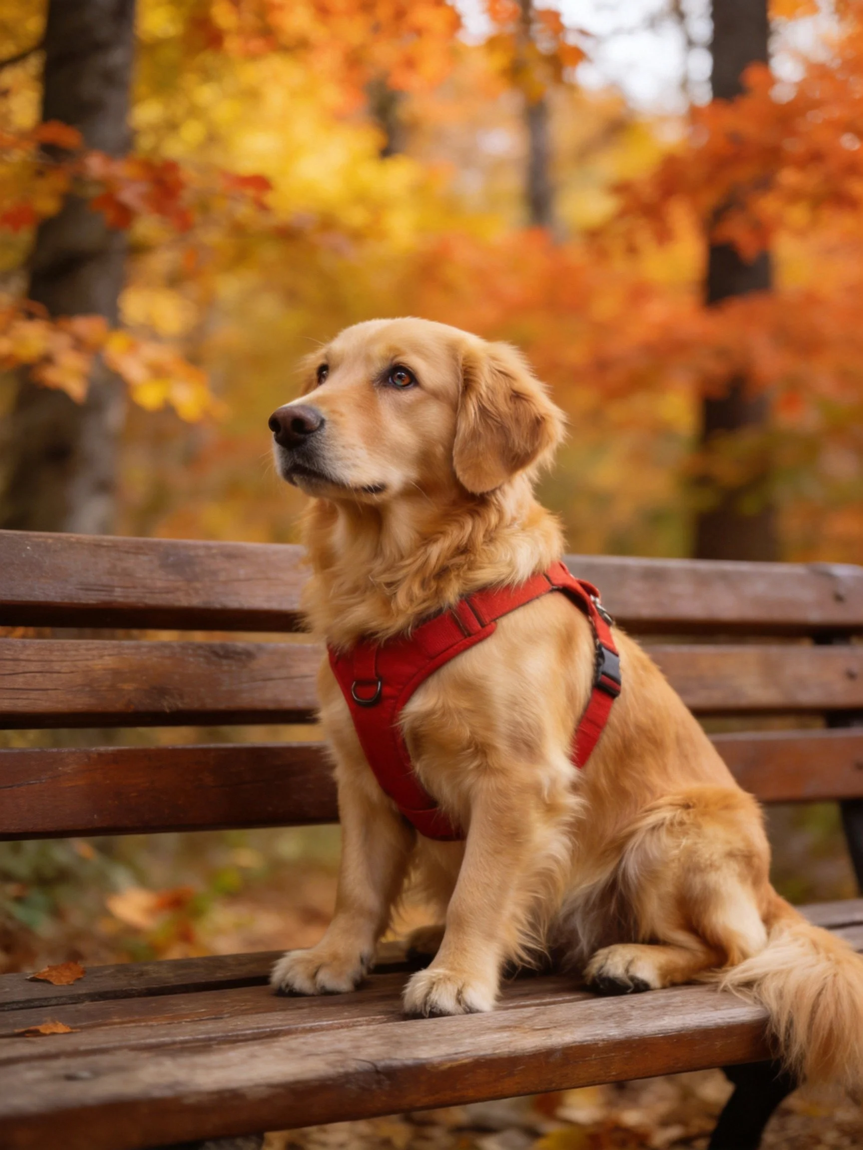 Golden retriever in red harness sits on wooden bench amid autumn foliage