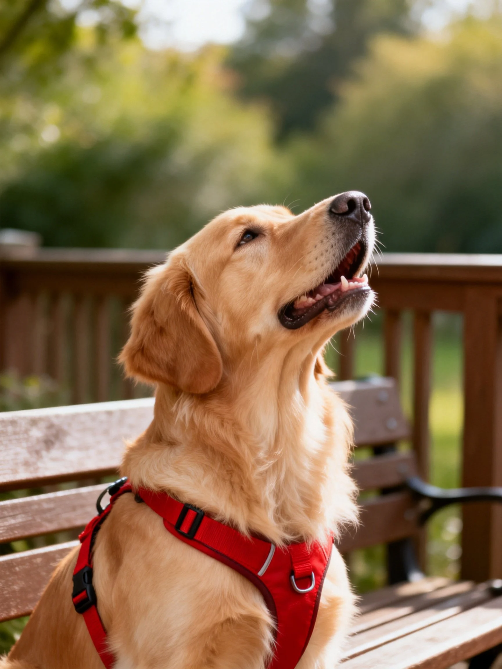 Golden retriever in red harness sits on wooden bench near greenery