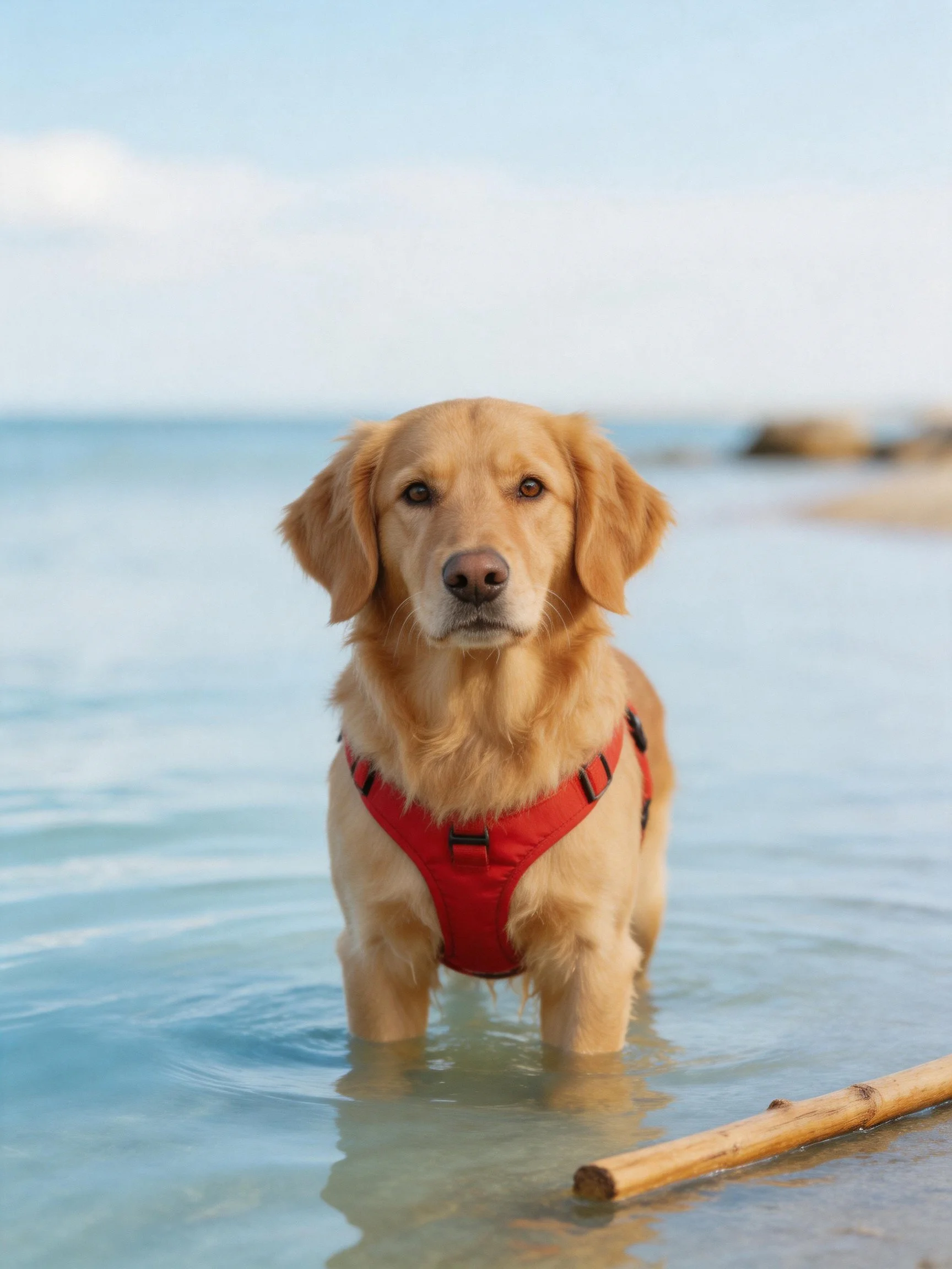 Golden retriever in red harness stands in calm beach water