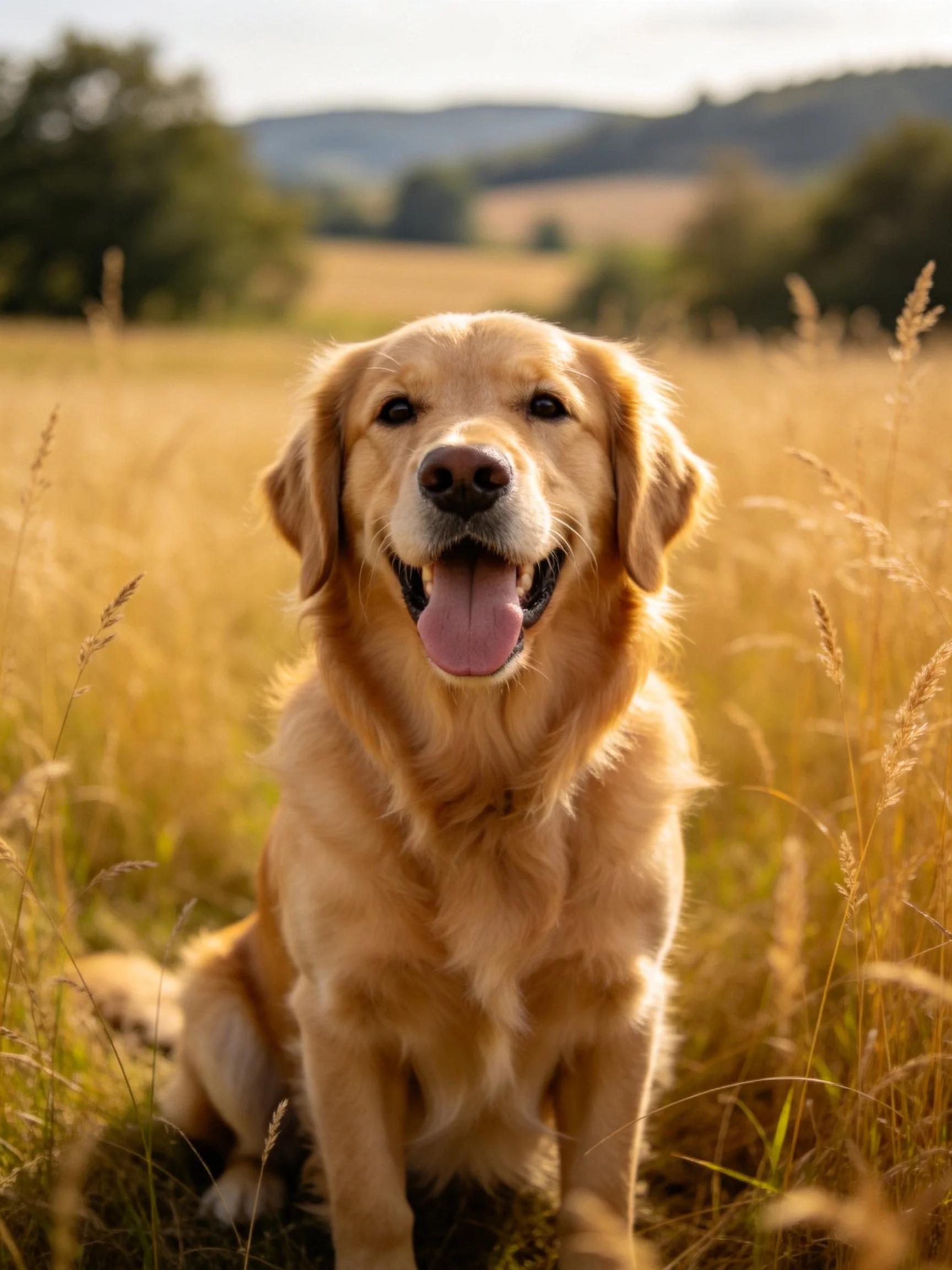 A golden retriever sits happily in a sunlit grassy field.