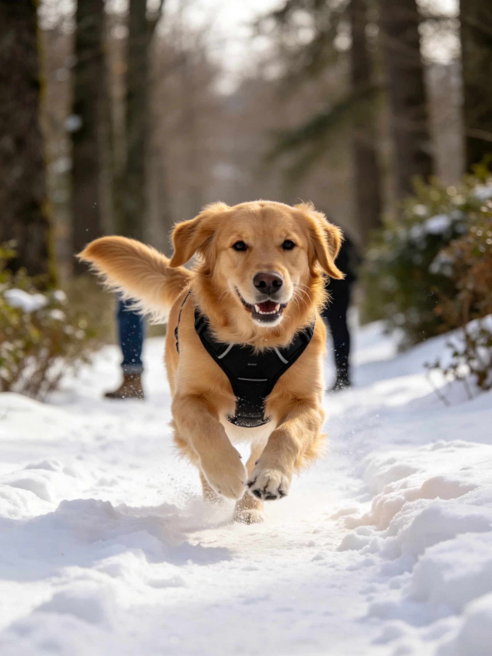 Golden retriever joyfully running on snowy forest trail