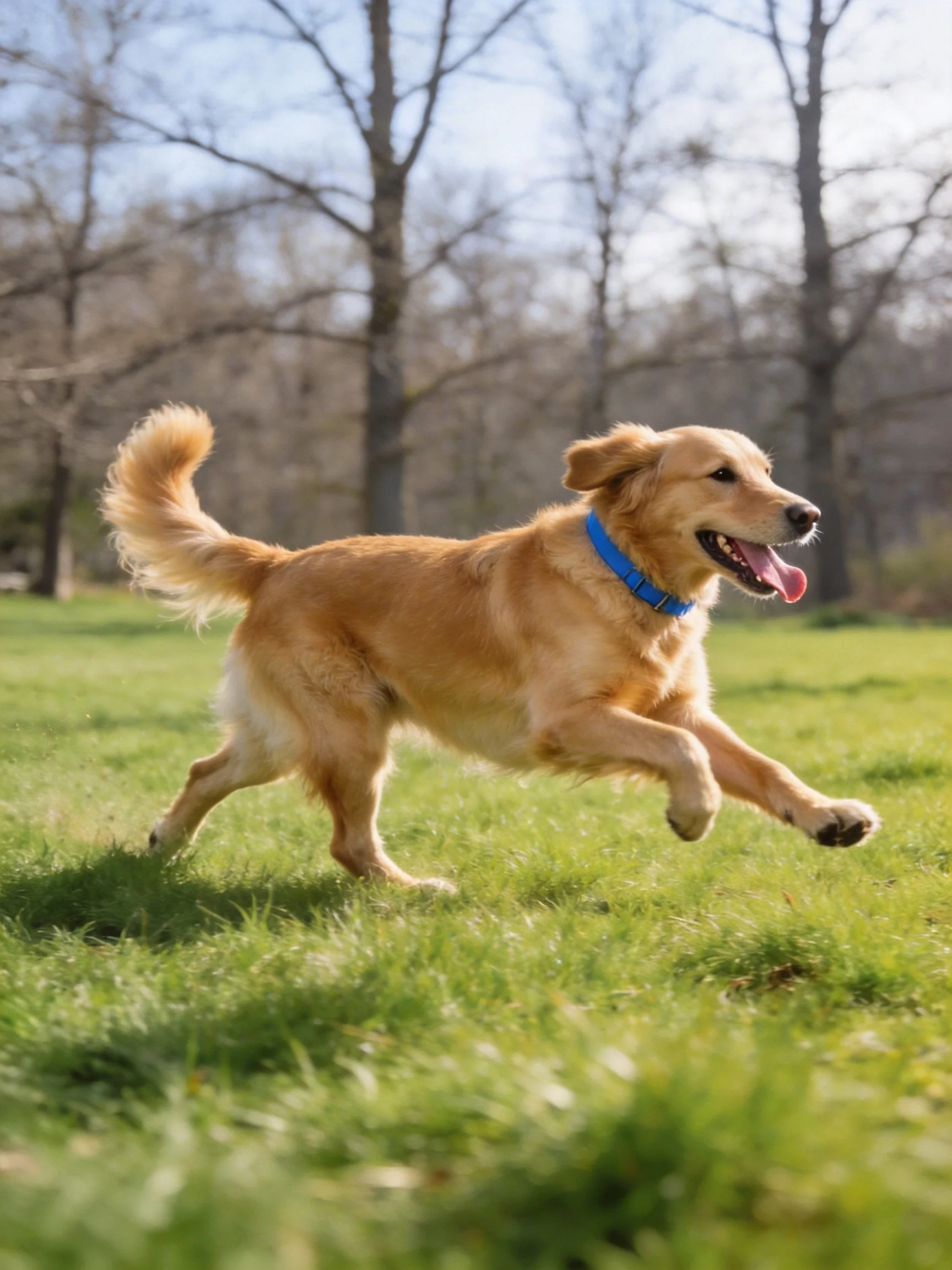 Golden retriever joyfully running on sunny grassy field