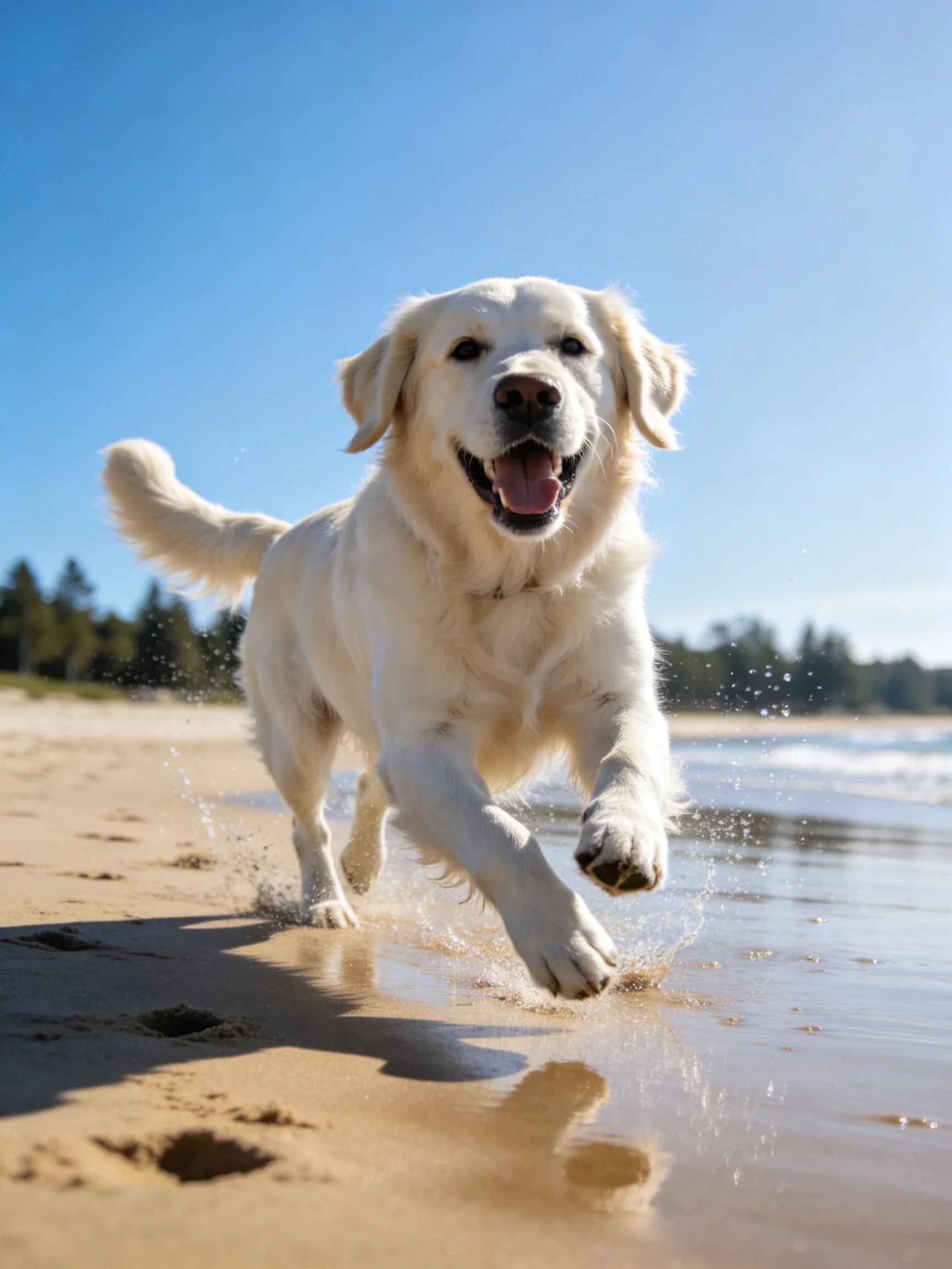 A golden retriever runs happily near the ocean on a sunny day.