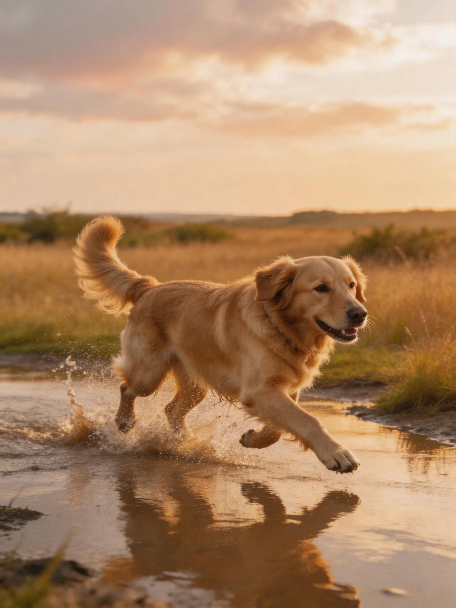 Golden retriever joyfully running through shallow water during sunset