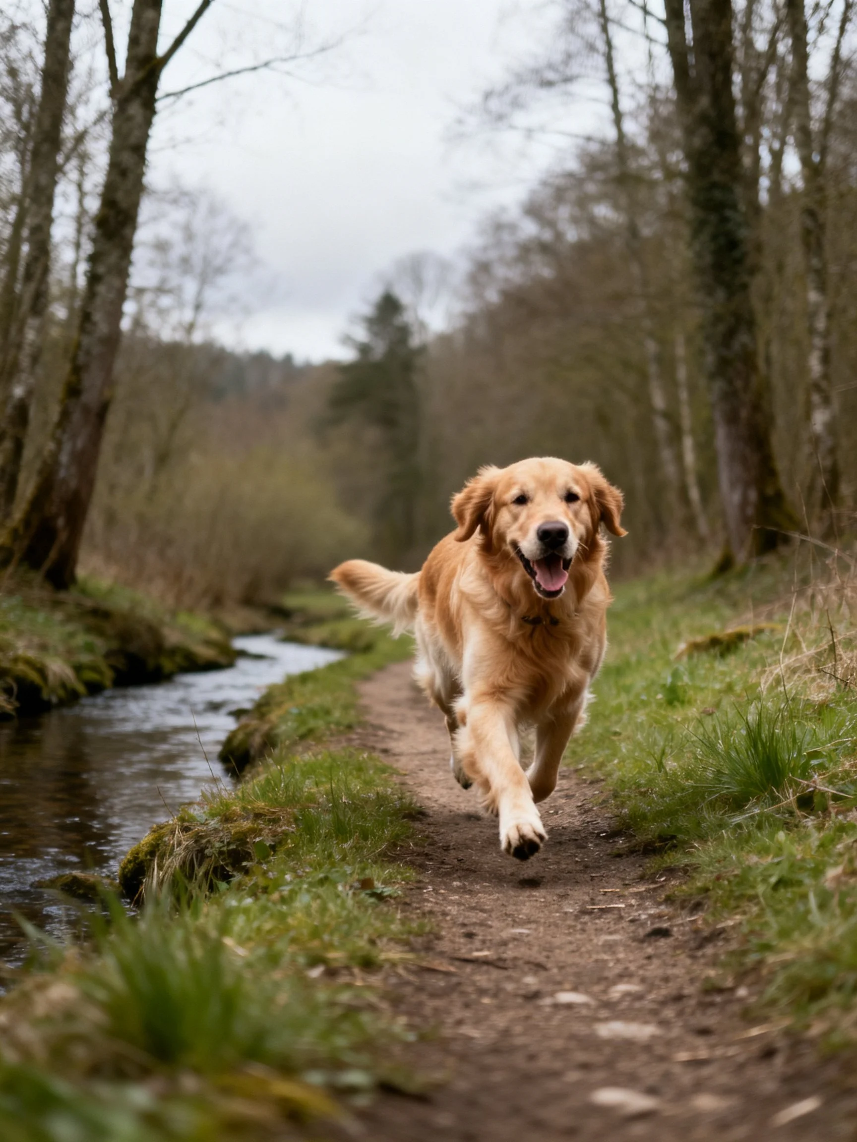 Golden retriever runs joyfully along forest path near stream