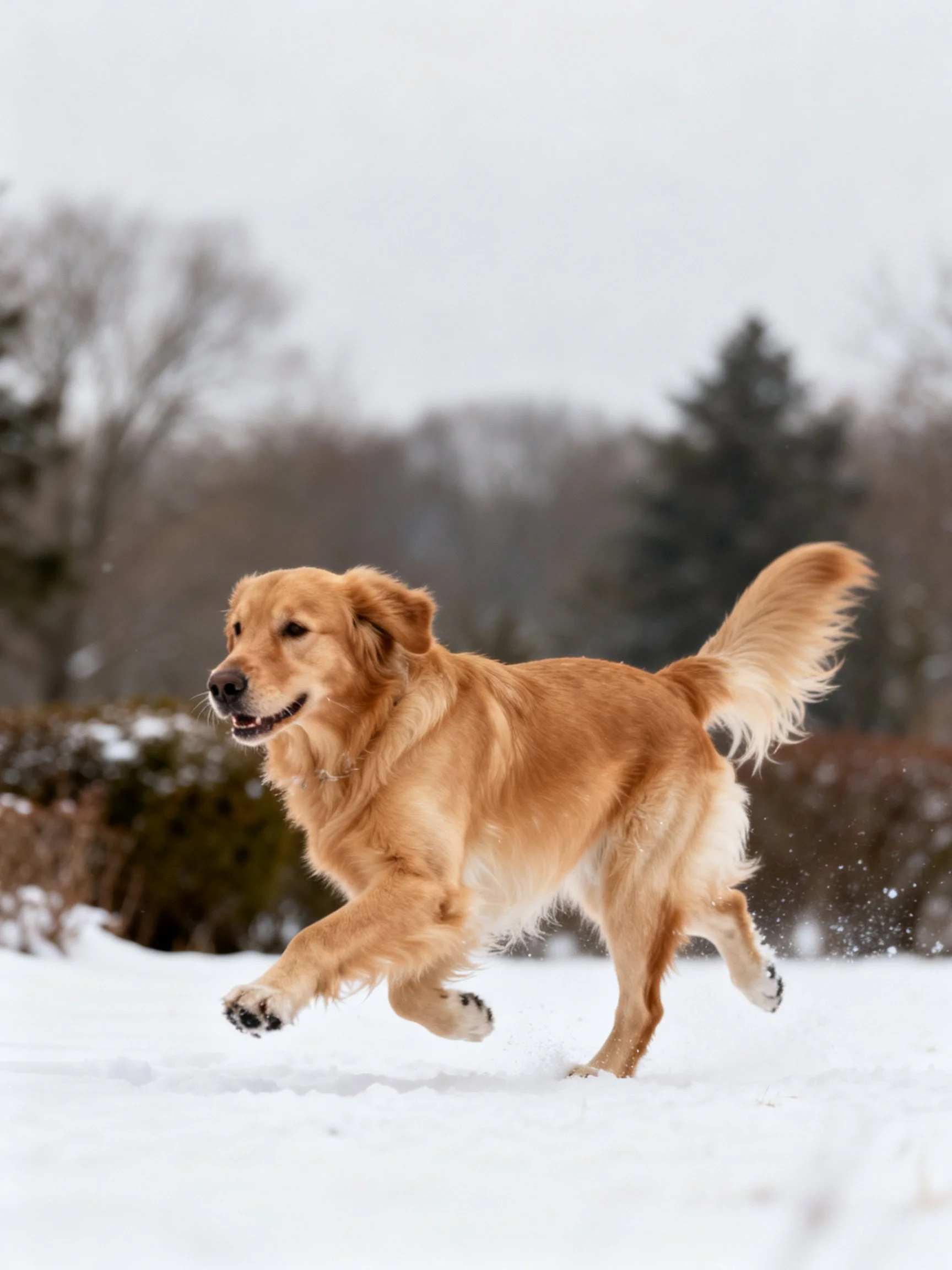 A golden retriever energetically runs through a snowy outdoor setting.