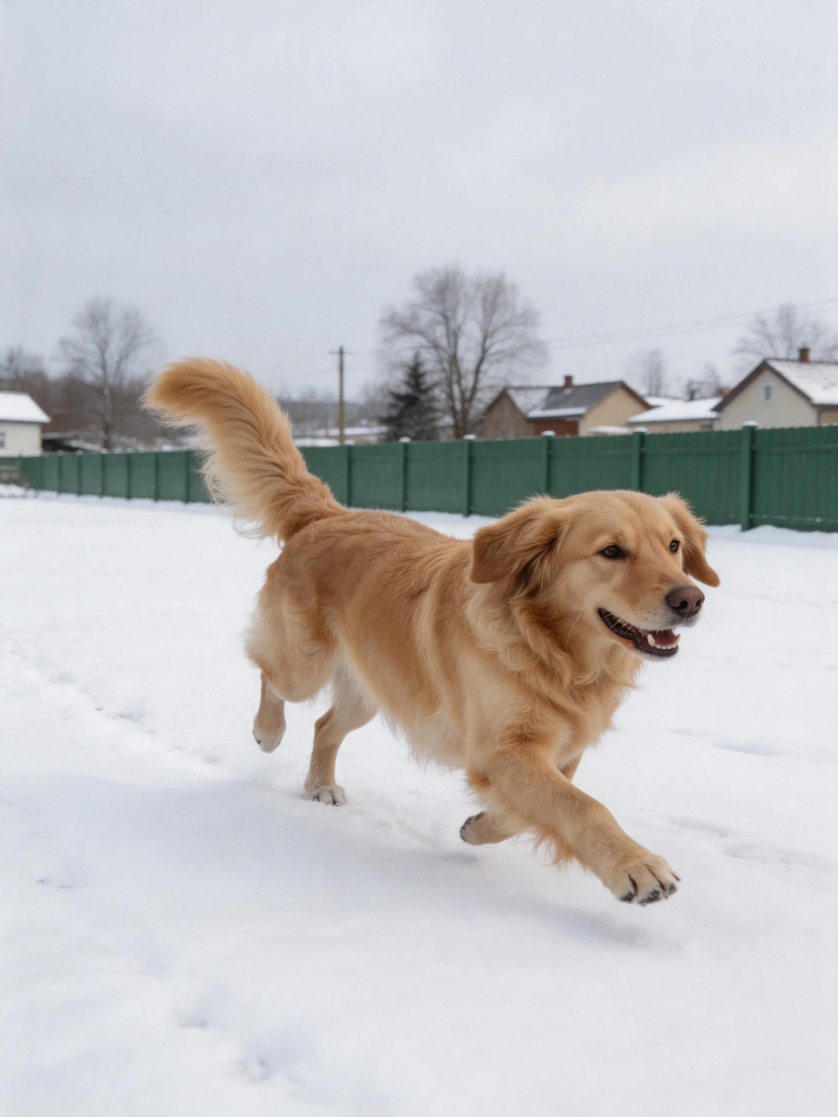 A golden retriever plays happily in a snow-filled residential area.