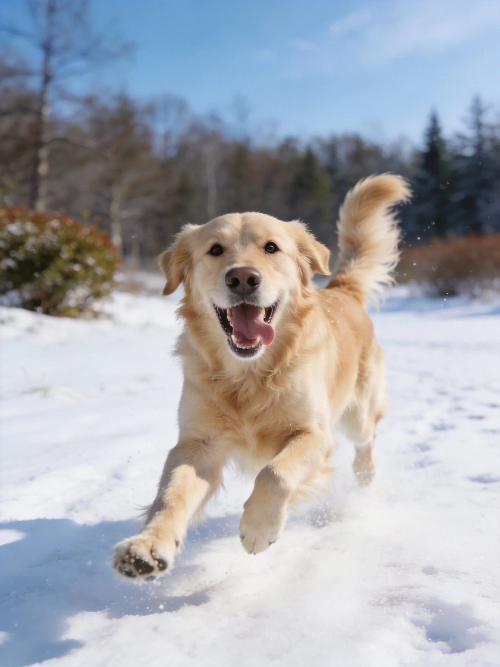 A golden retriever runs happily through a snowy landscape.
