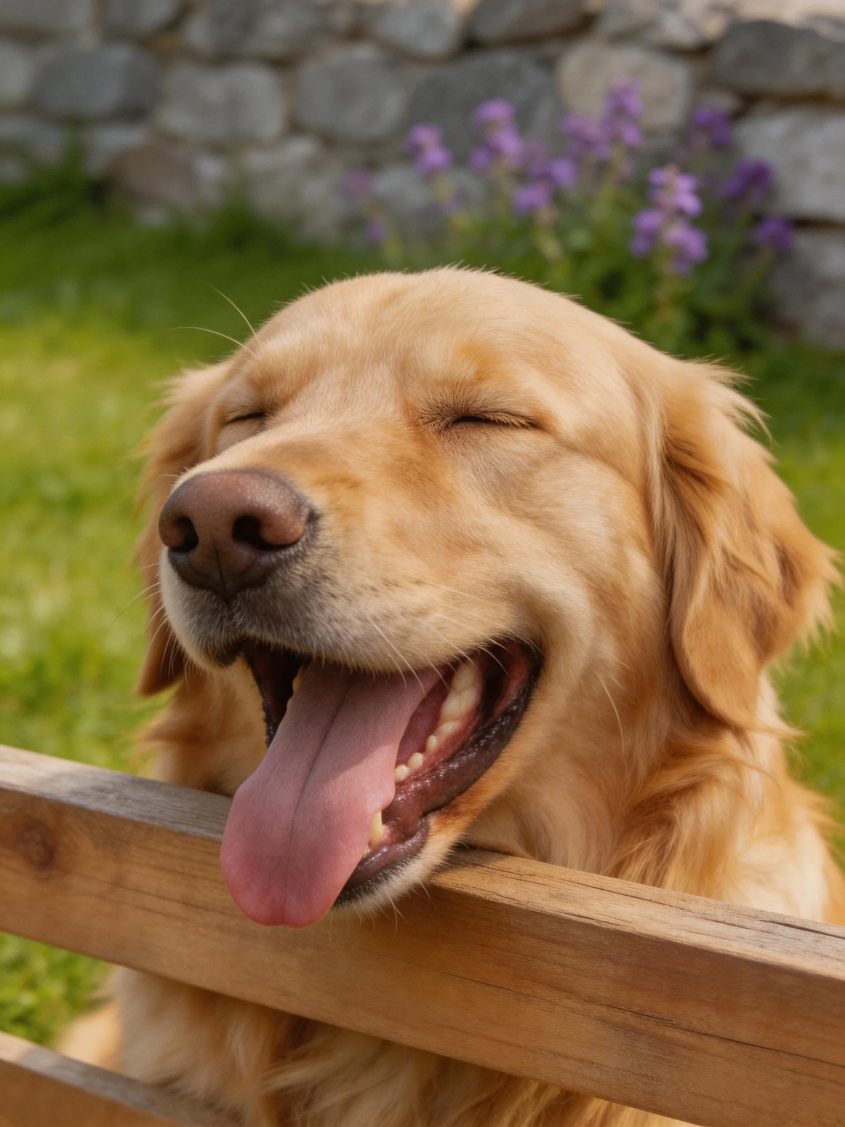 Golden retriever laughing behind a wooden fence in a sunny garden