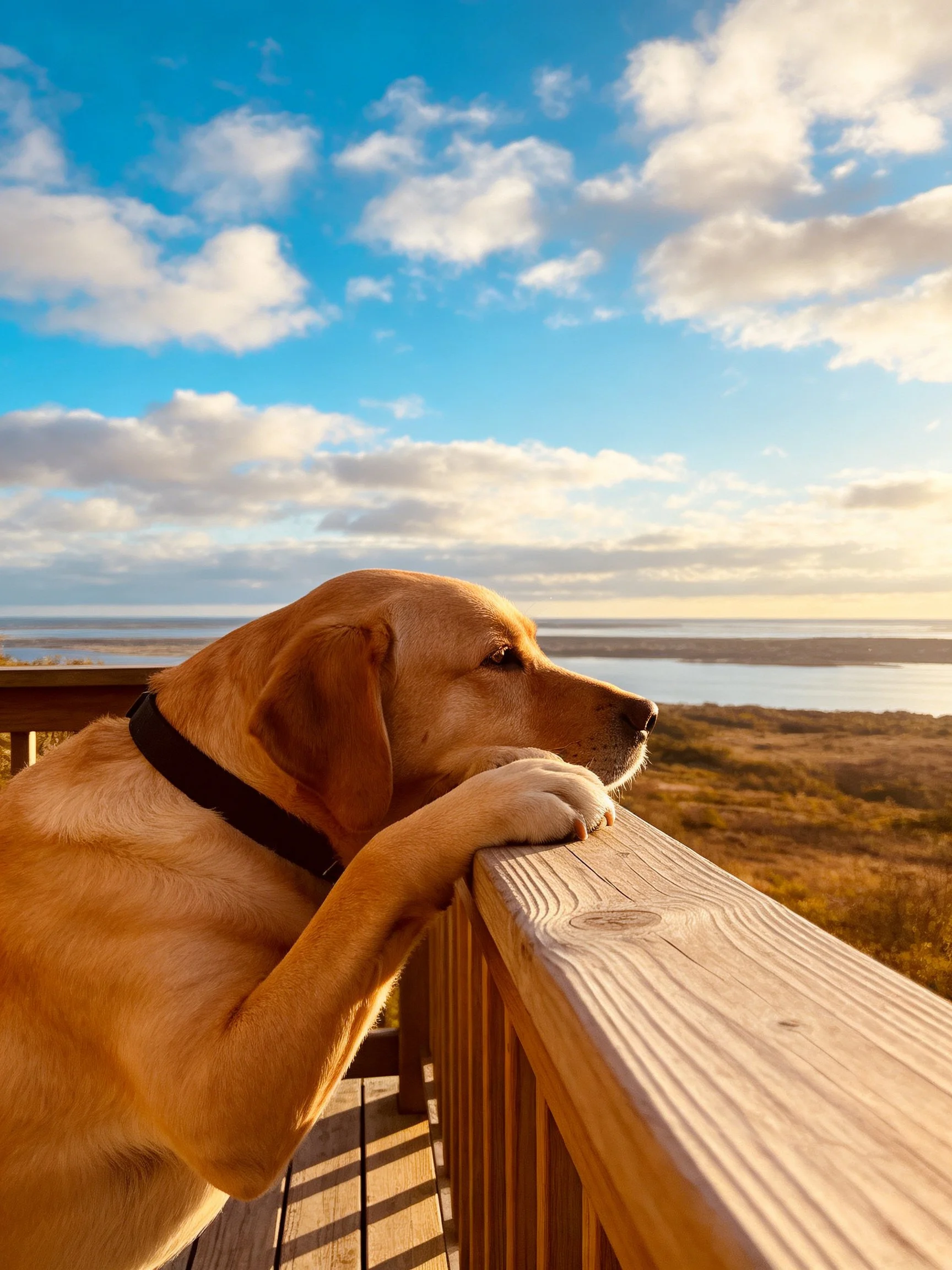 A golden retriever leans on a wooden railing, gazing at a coastal view under bright skies.
