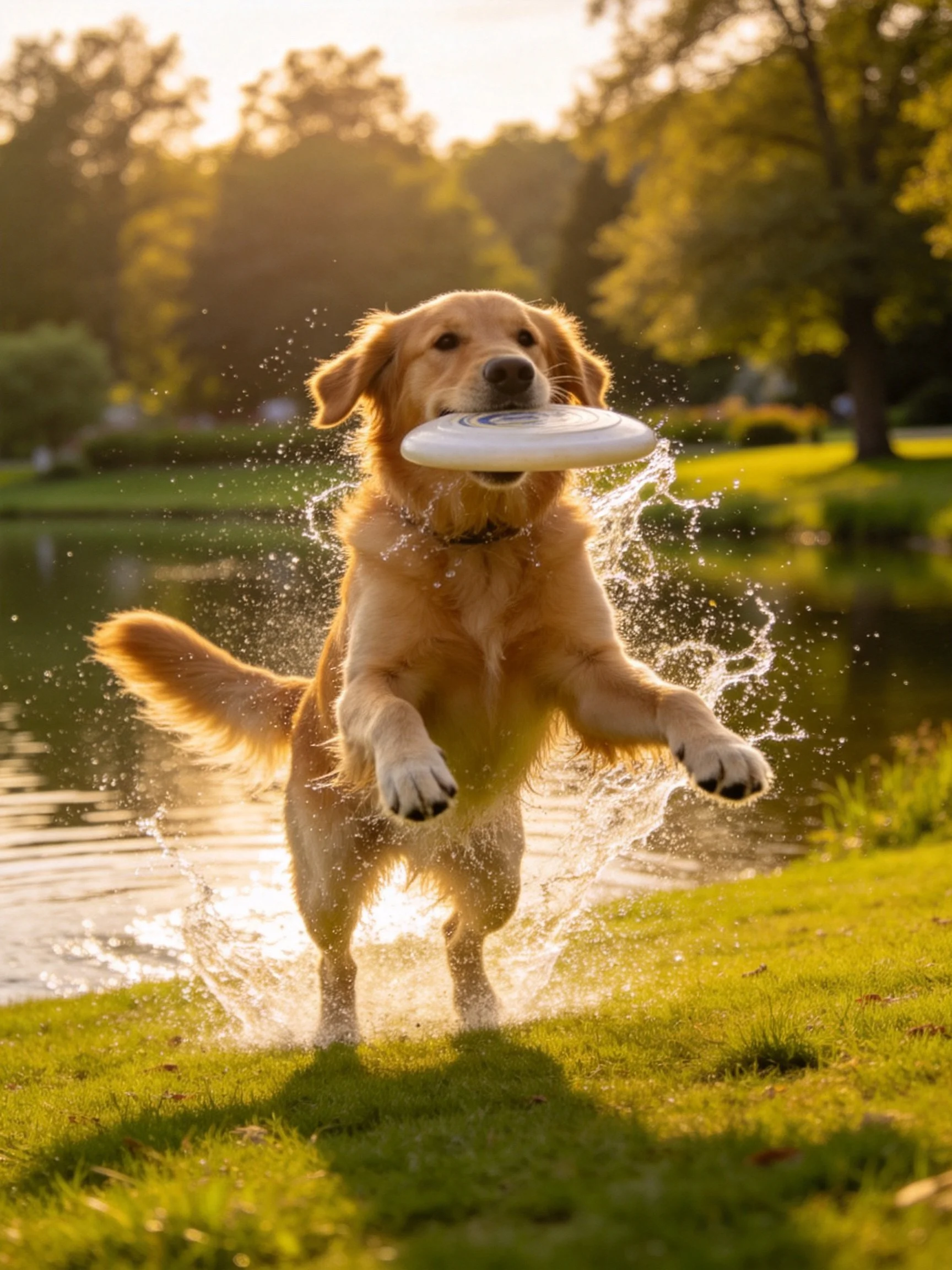 Golden retriever leaping for frisbee near a pond