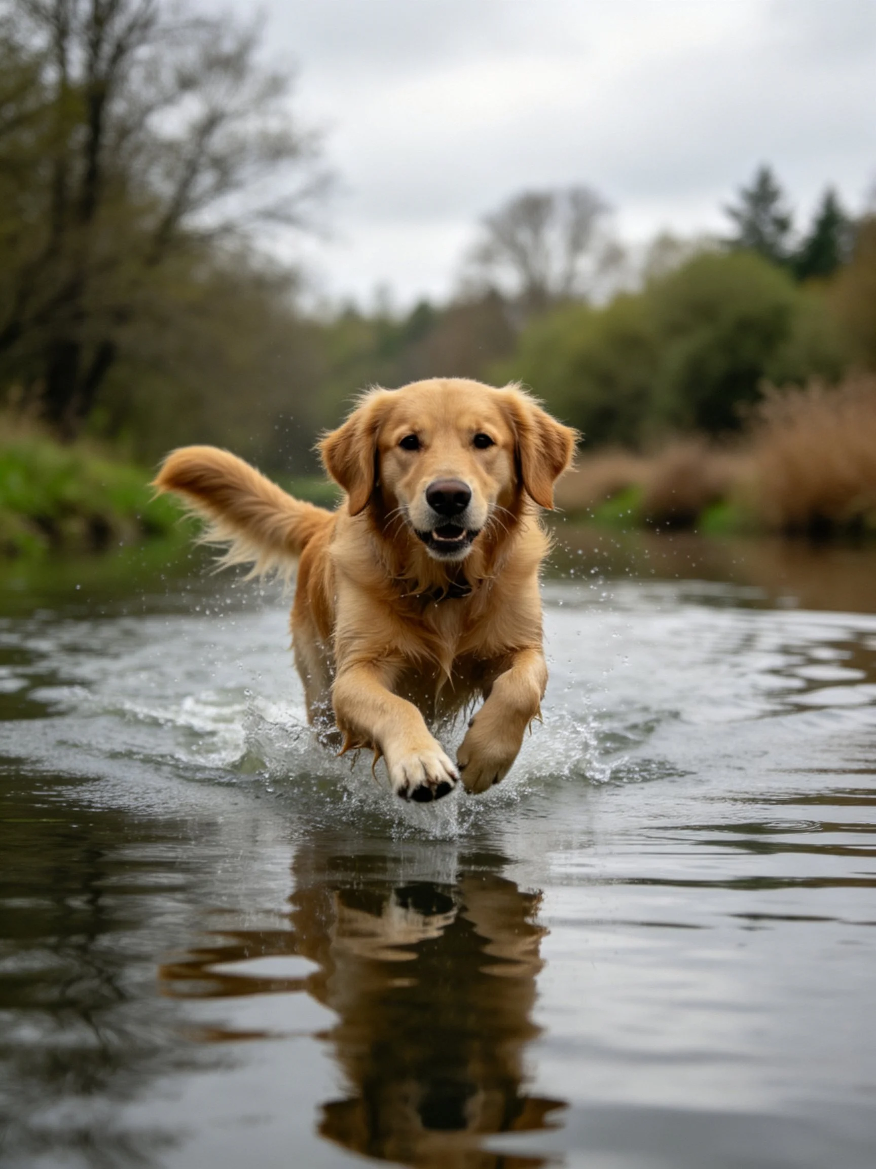 Golden retriever leaping through shallow river waters