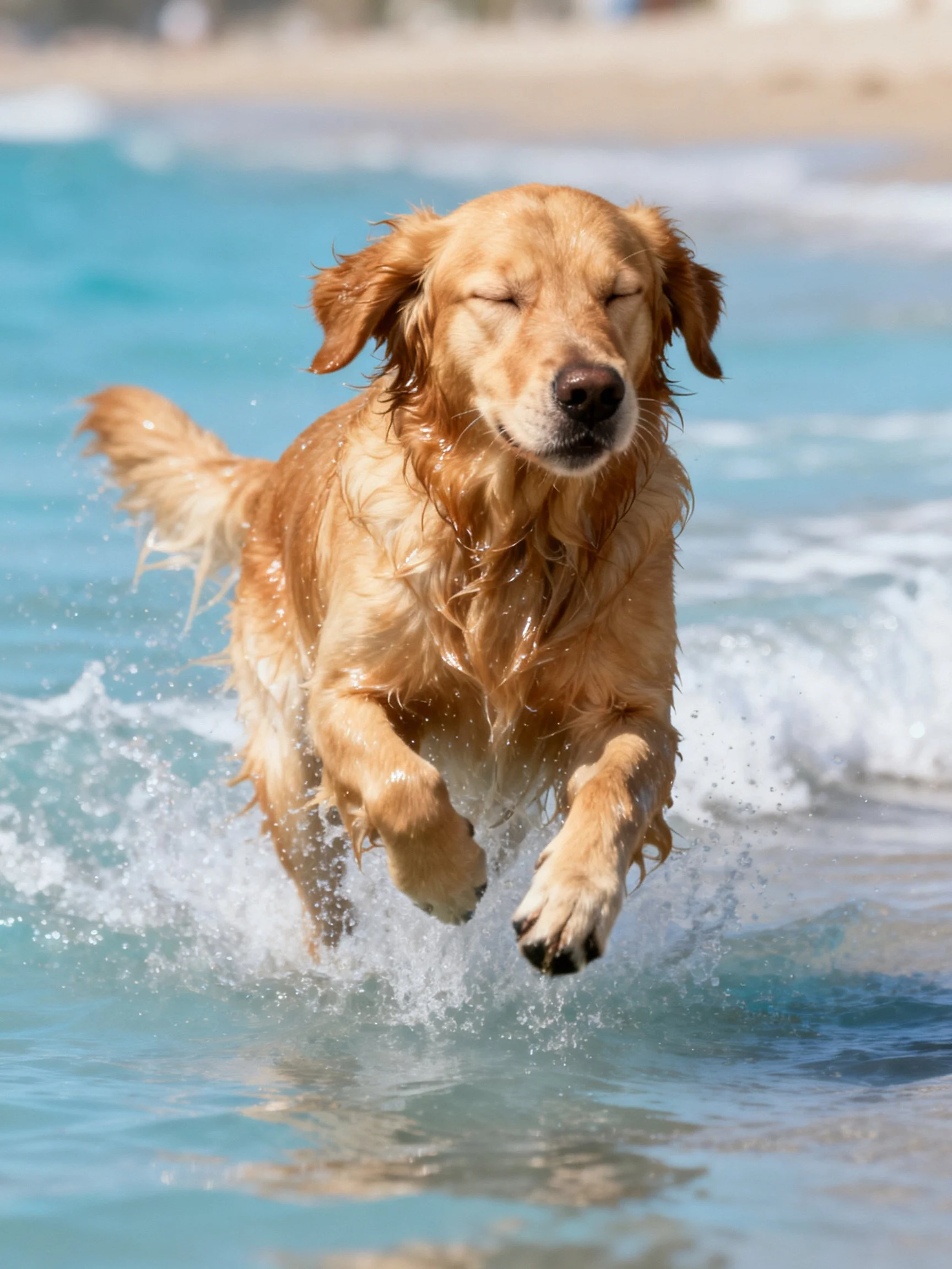 Golden retriever leaping through turquoise ocean surf