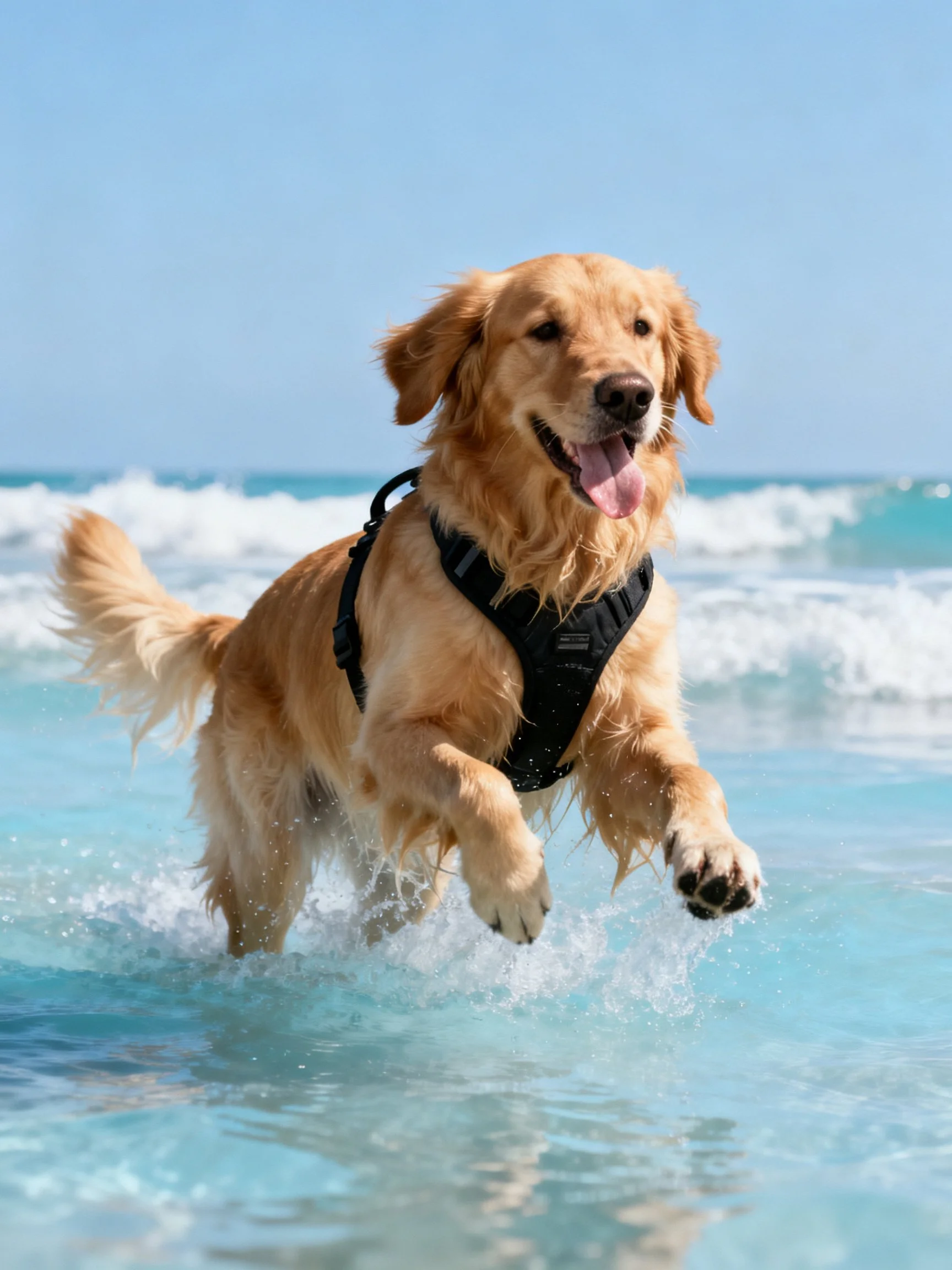 Golden retriever leaping through turquoise ocean waves with black harness