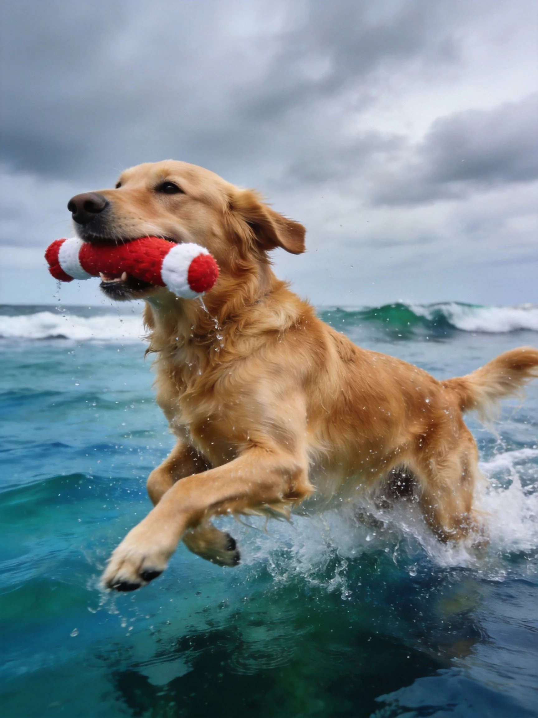 Golden retriever leaping through turquoise ocean waves with red and white toy