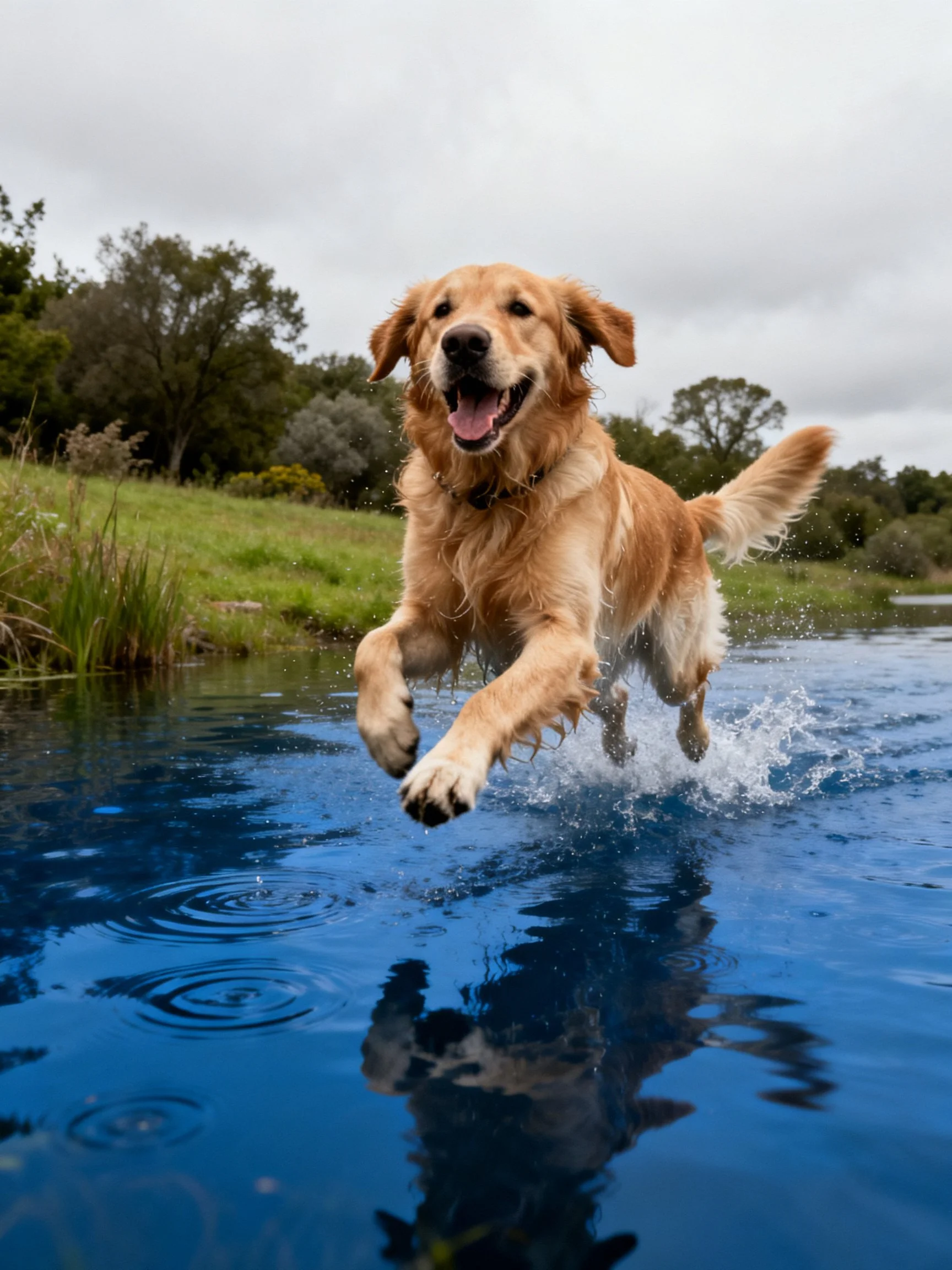 Golden retriever leaps joyfully into clear blue water