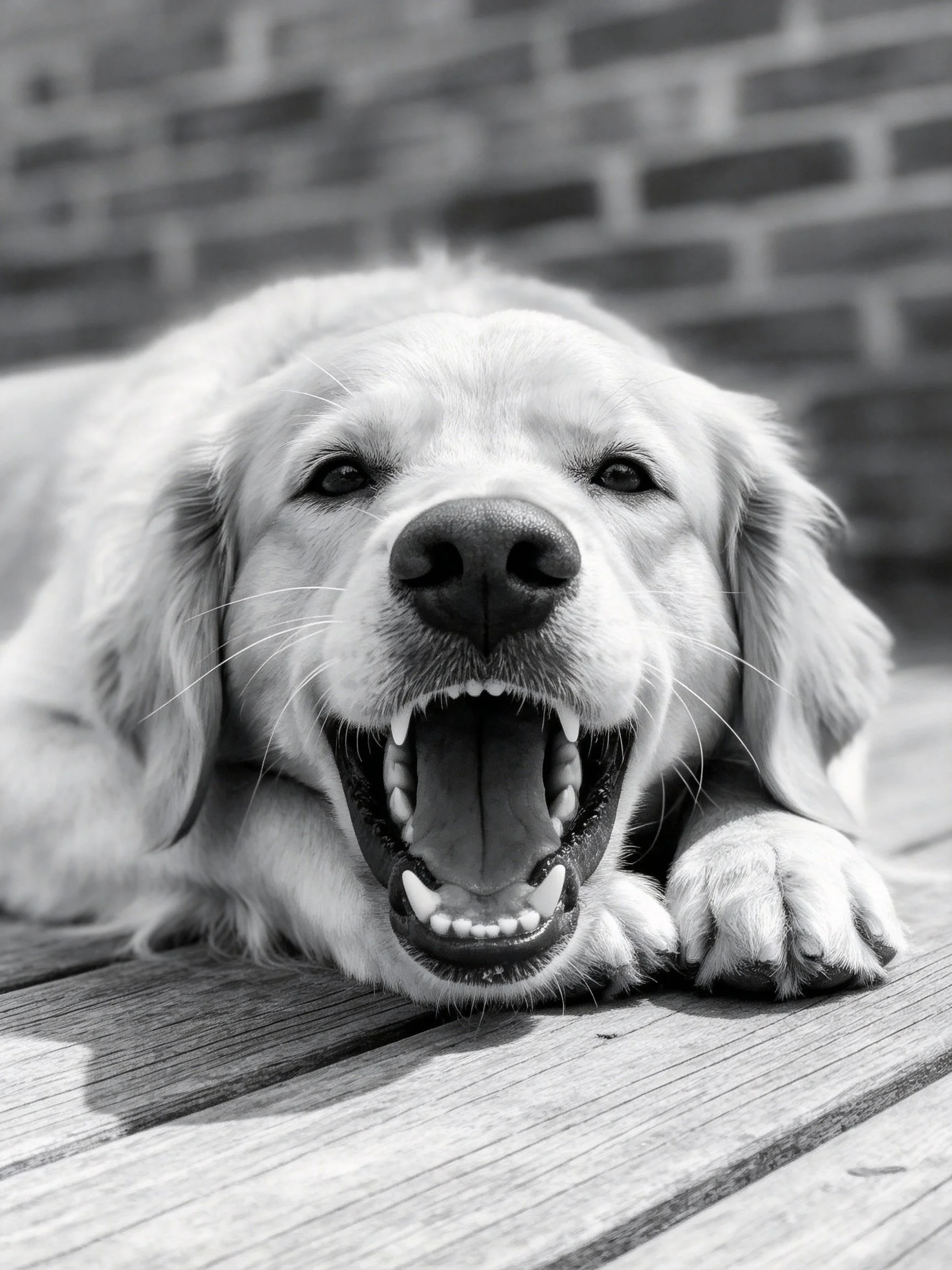Golden retriever lies on wood with mouth open, brick wall behind