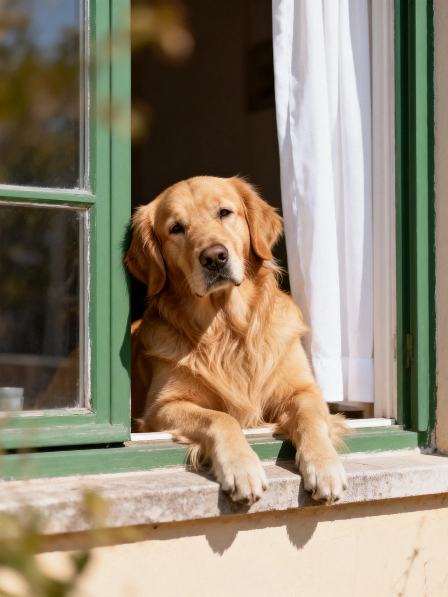 Golden retriever lounging at an open green-framed window
