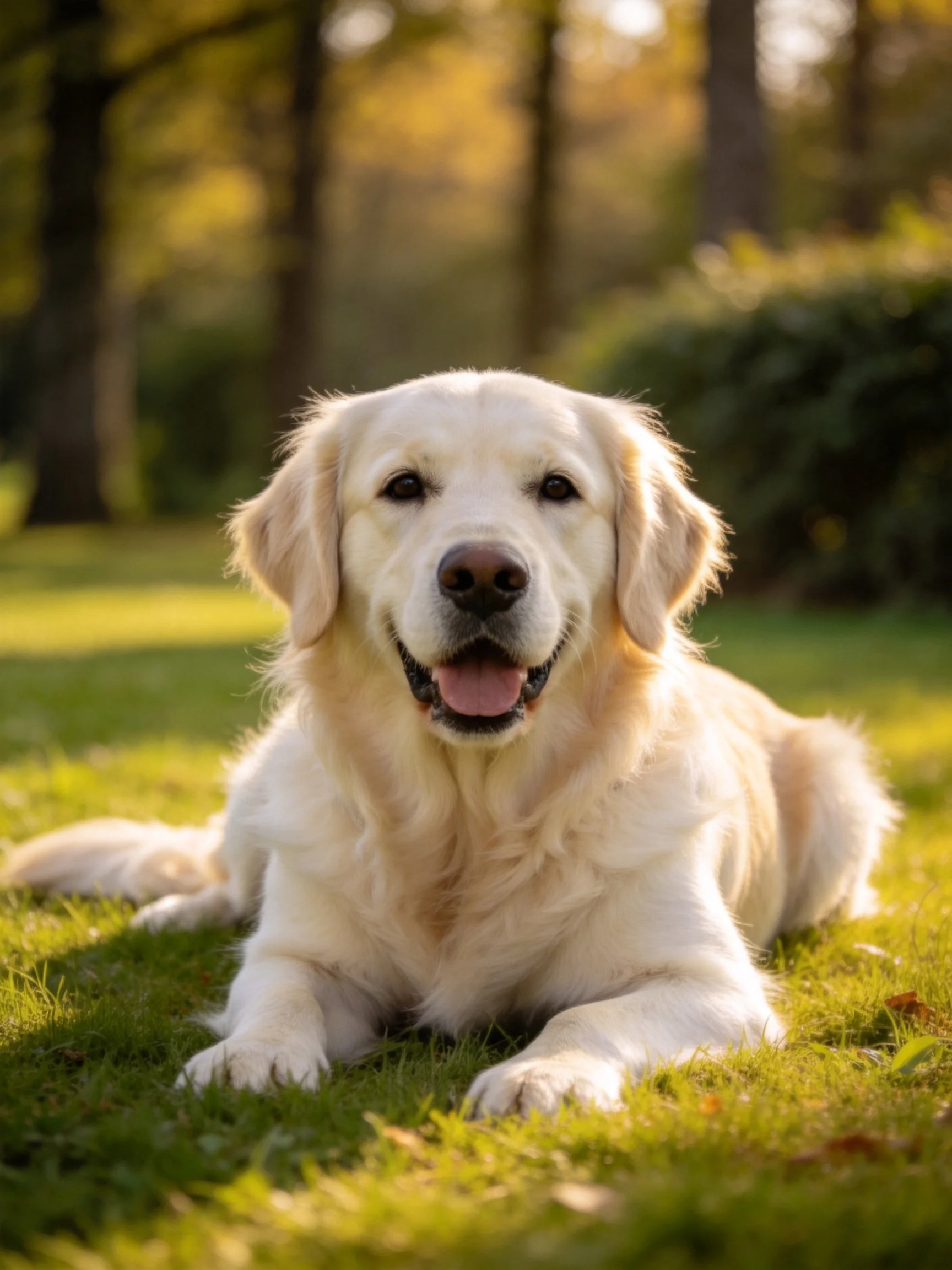 Golden retriever lounging on green grass in a sun-dappled park
