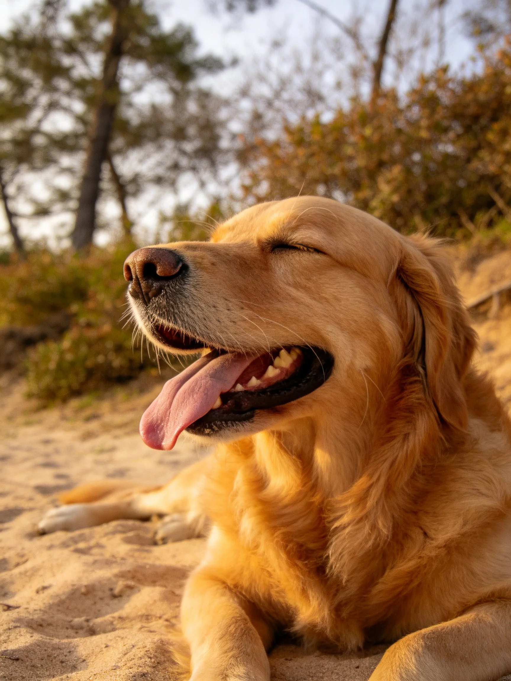Golden retriever relaxes on sand with trees nearby