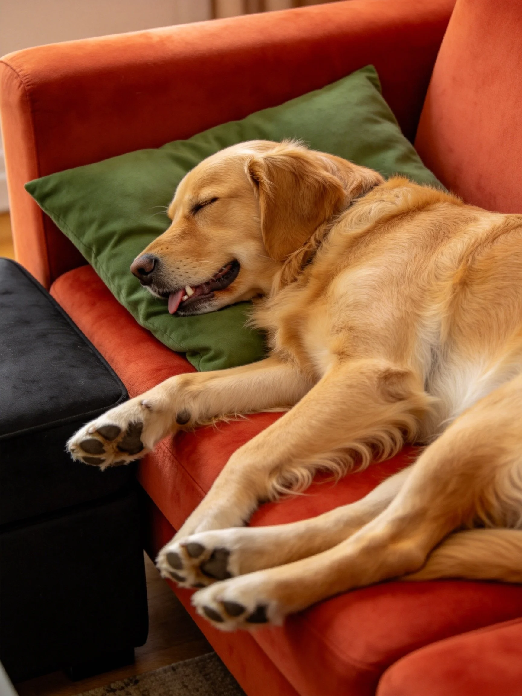 Golden retriever napping on an orange couch with a green pillow